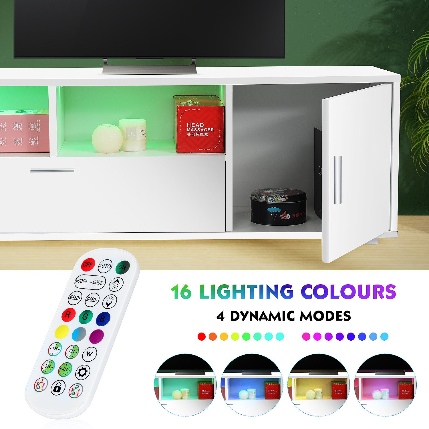 OYAJIA Modern High Gloss TV Stand 160cm with 16-Color RGB LED Lights and Storage