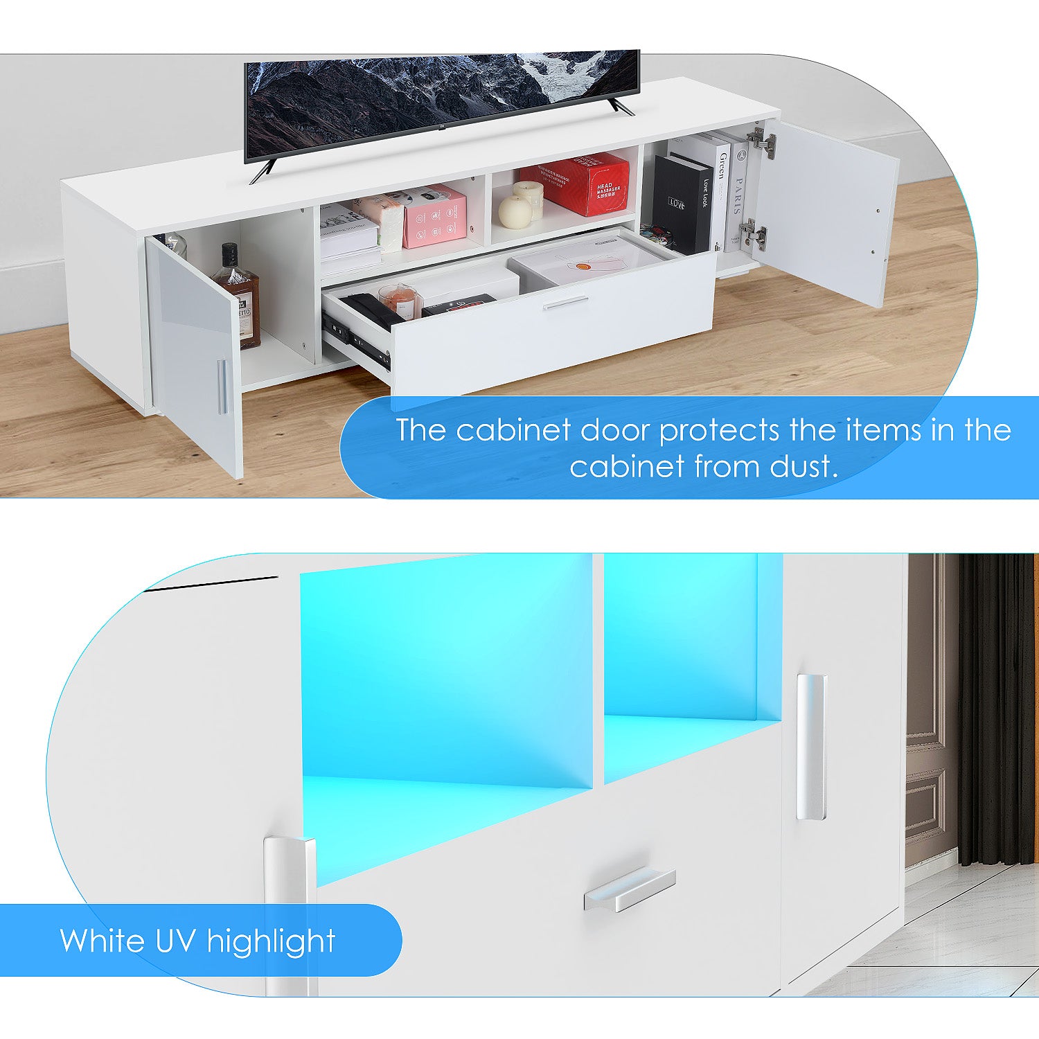 OYAJIA Modern High Gloss TV Stand 160cm with 16-Color RGB LED Lights and Storage