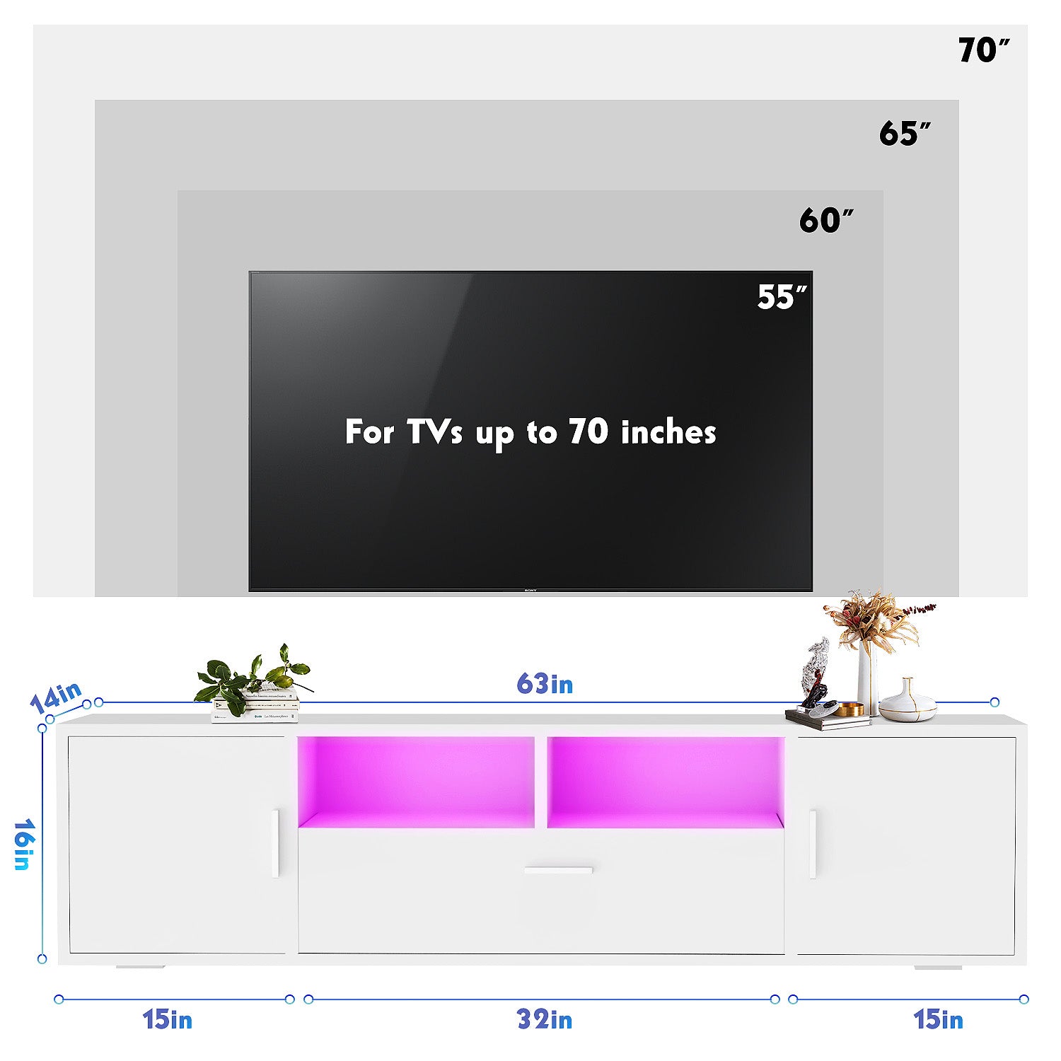 OYAJIA Modern High Gloss TV Stand 160cm with 16-Color RGB LED Lights and Storage
