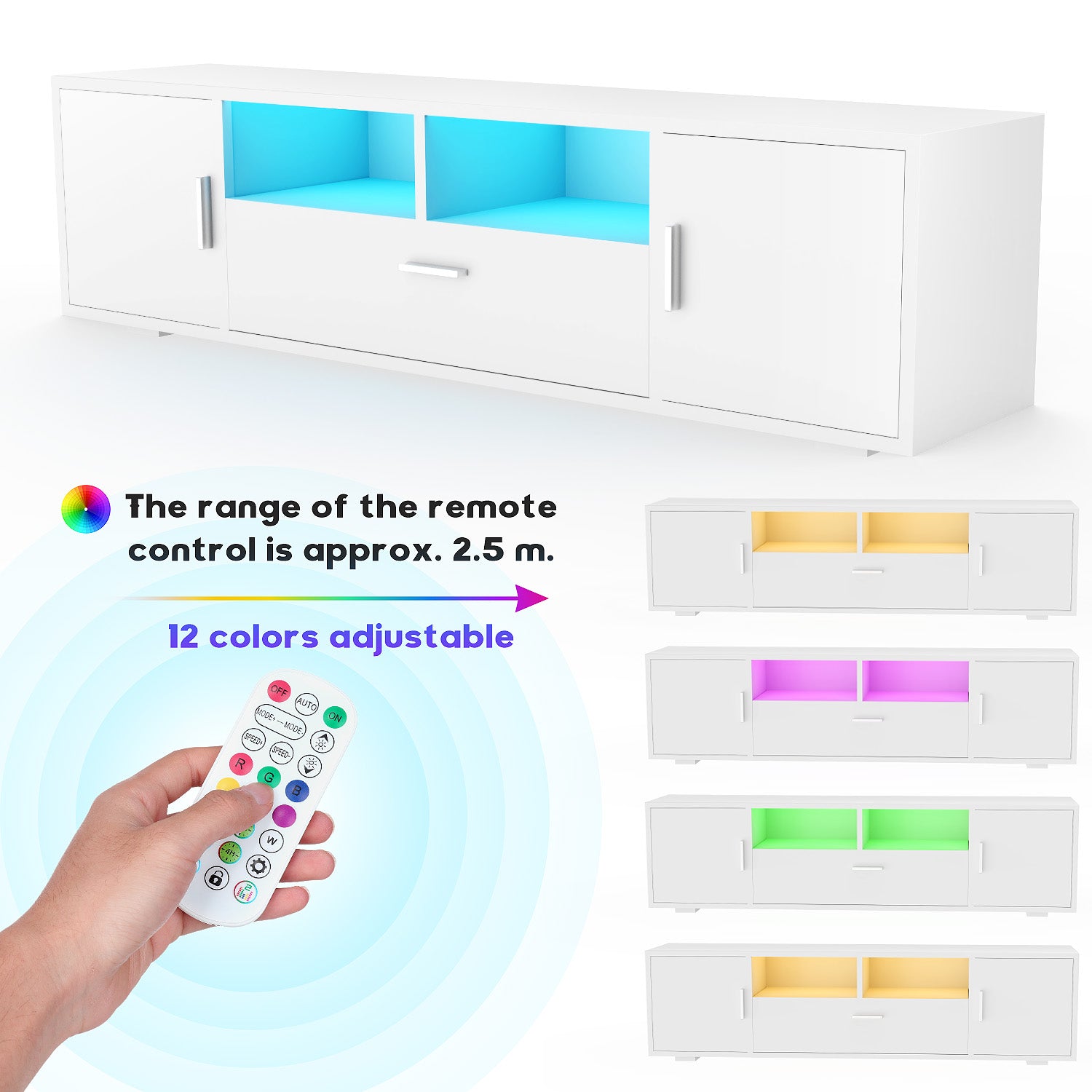 OYAJIA Modern High Gloss TV Stand 160cm with 16-Color RGB LED Lights and Storage