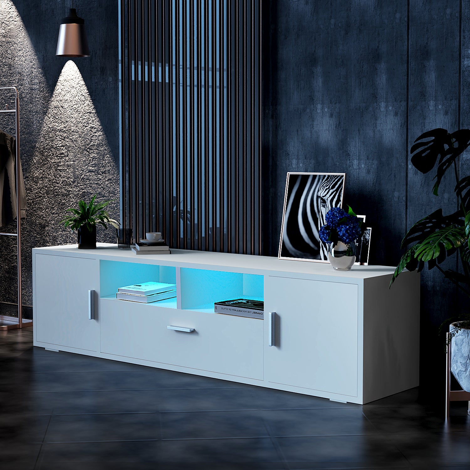 OYAJIA Modern High Gloss TV Stand 160cm with 16-Color RGB LED Lights and Storage