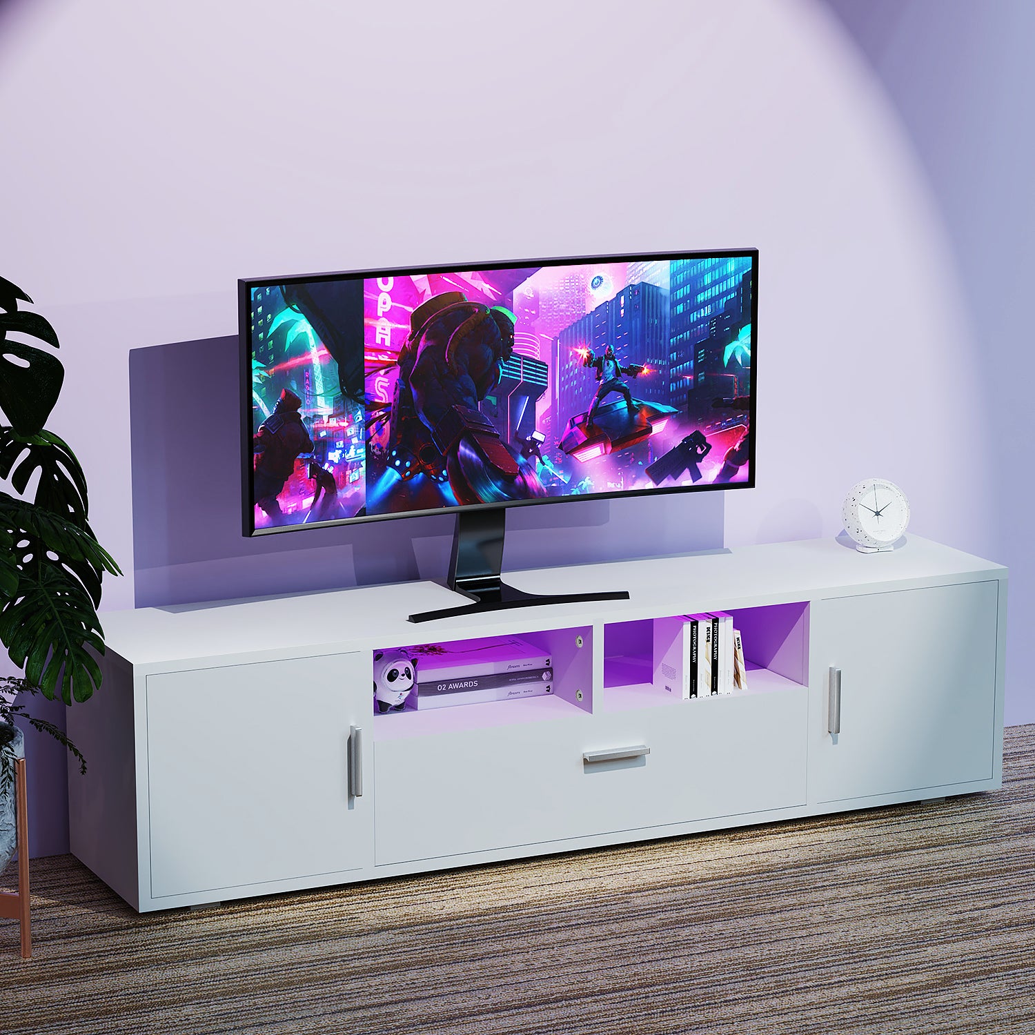 OYAJIA Modern High Gloss TV Stand 160cm with 16-Color RGB LED Lights and Storage