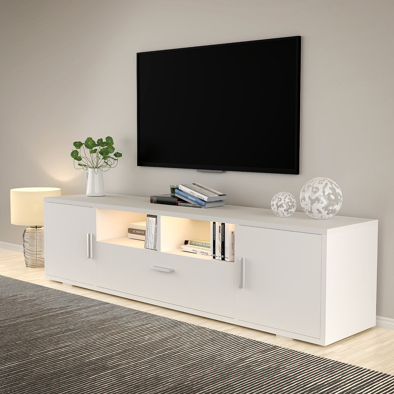 OYAJIA Modern High Gloss TV Stand 160cm with 16-Color RGB LED Lights and Storage