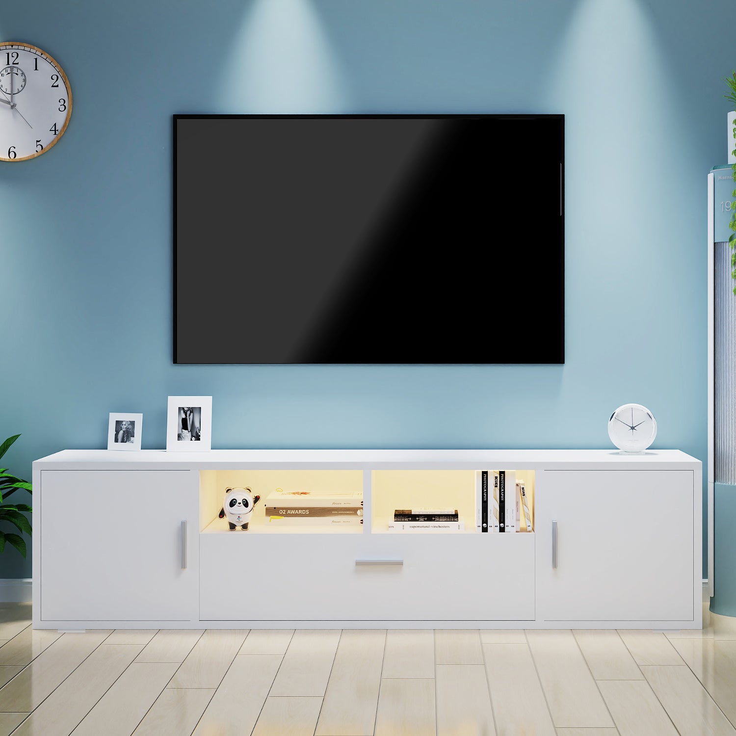 OYAJIA Modern High Gloss TV Stand 160cm with 16-Color RGB LED Lights and Storage