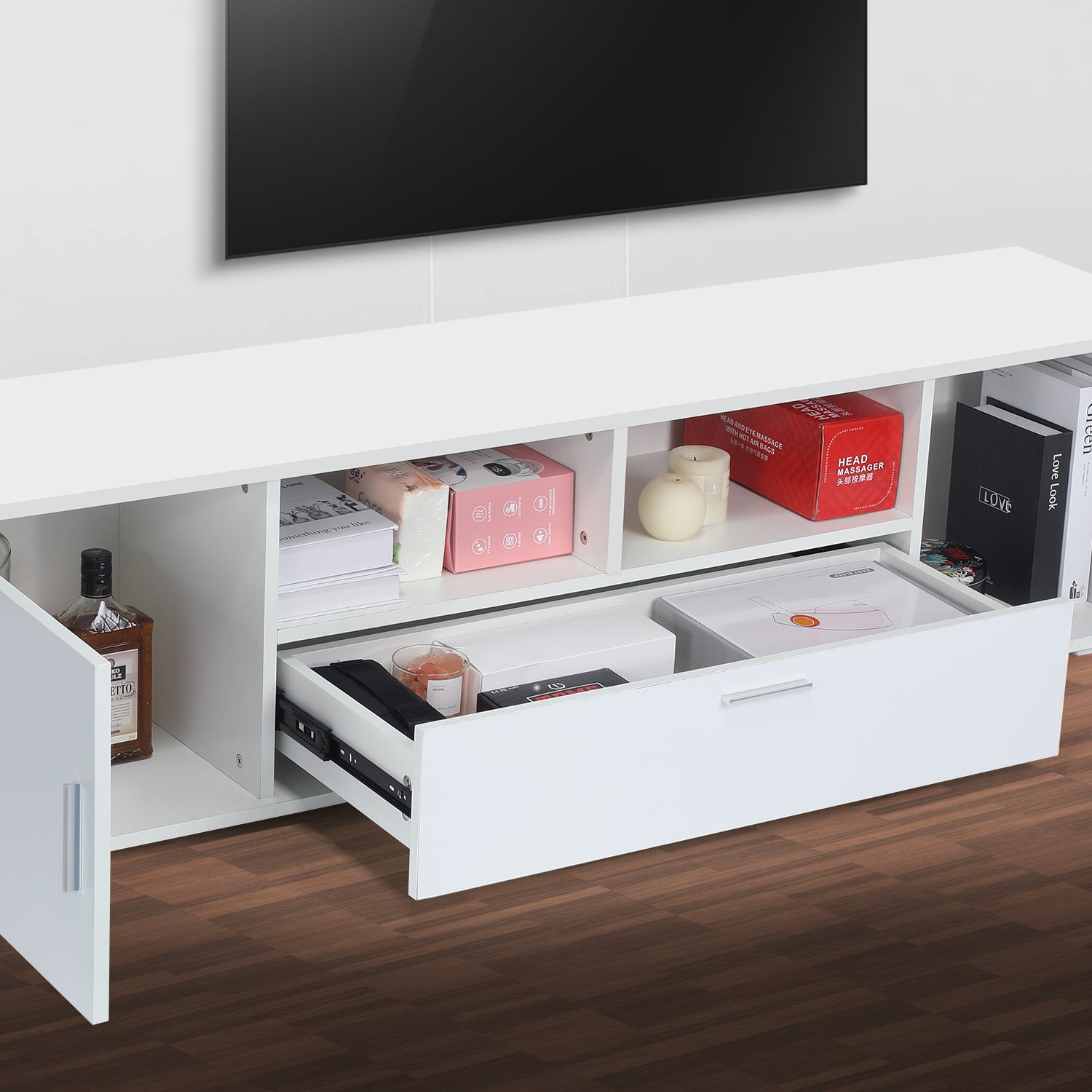 OYAJIA Modern High Gloss TV Stand 160cm with 16-Color RGB LED Lights and Storage