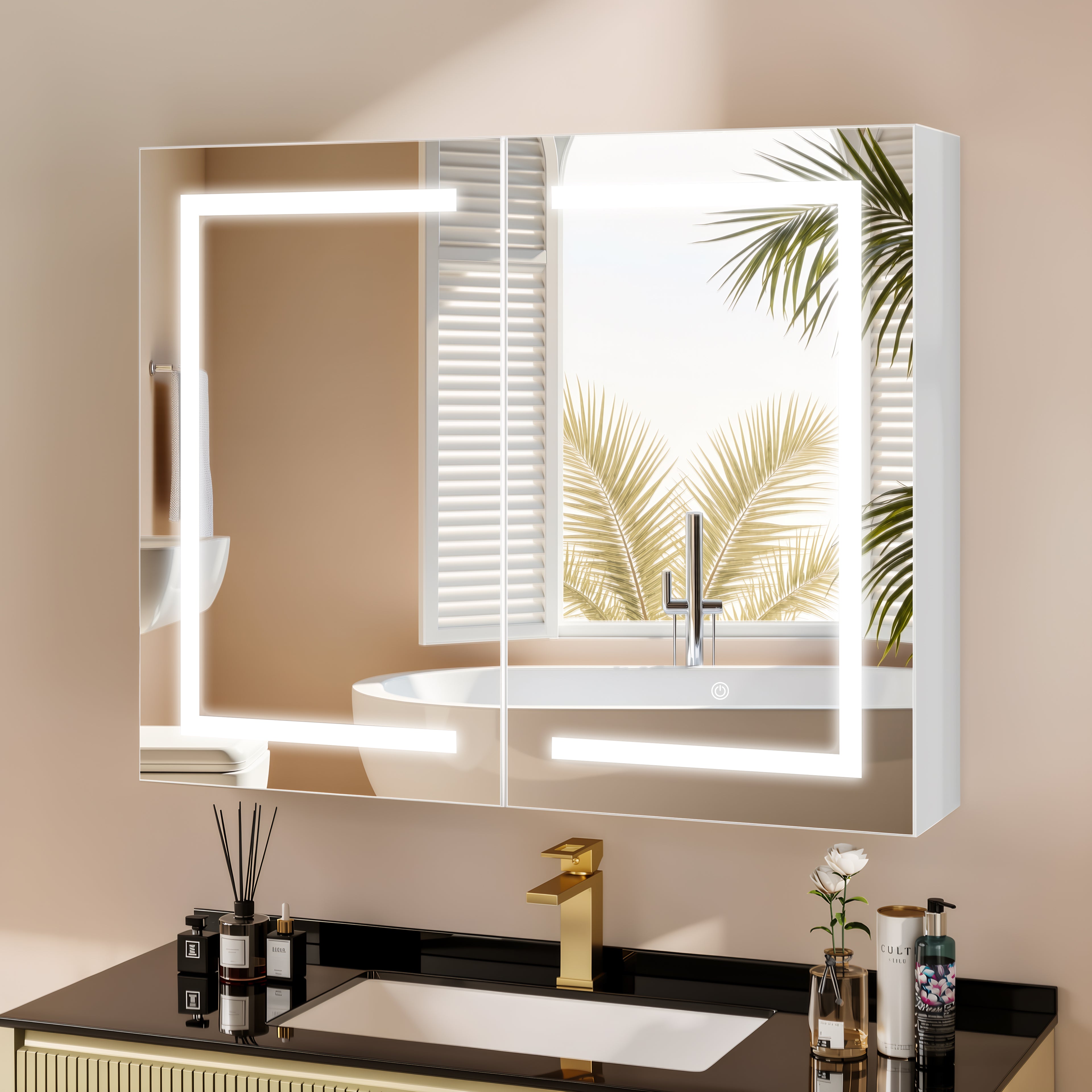 OYAJIA Bathroom Mirror Cabinet with 3-Color Dimming, Foldable Mirror and Adjustable Storage