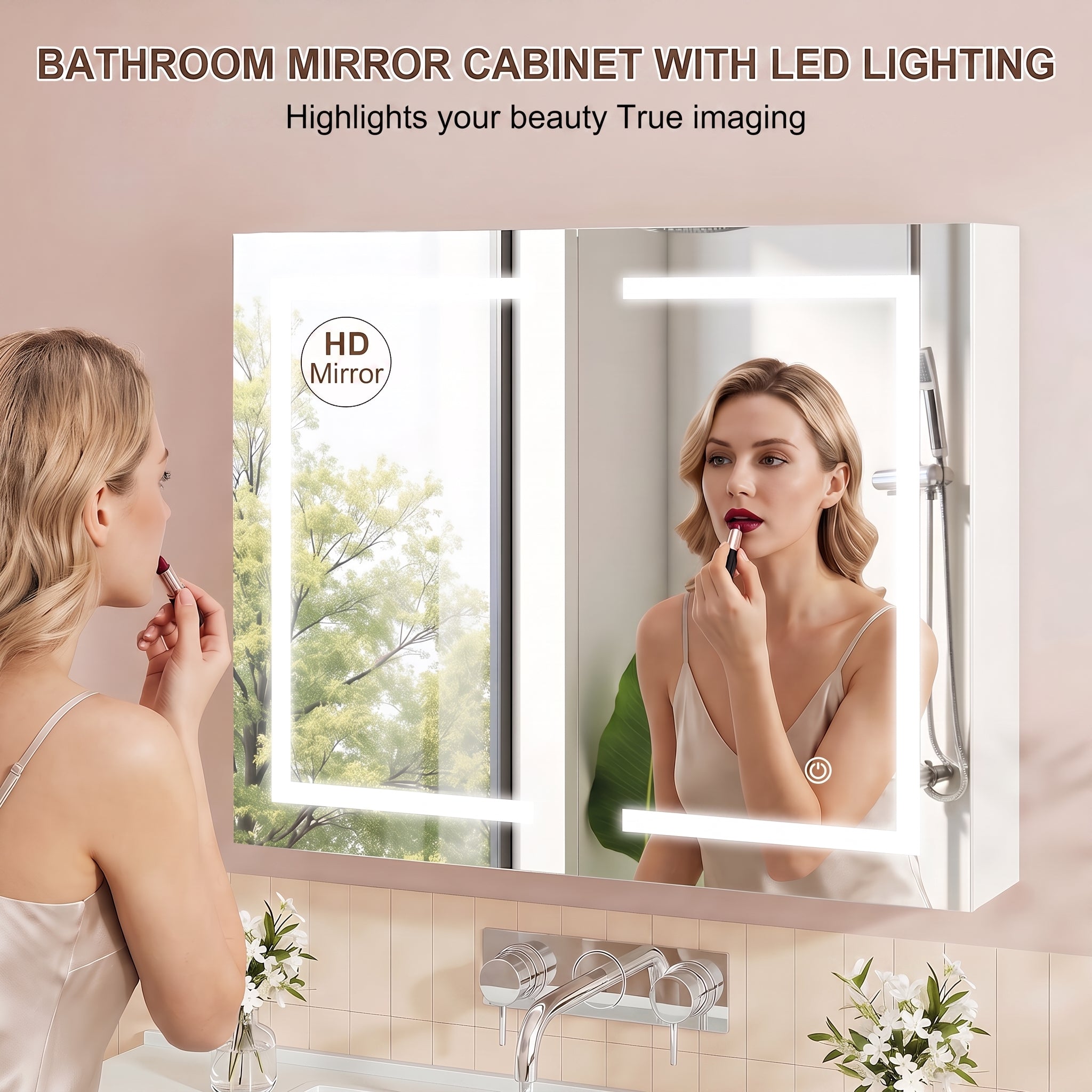 OYAJIA Bathroom Mirror Cabinet with 3-Color Dimming, Foldable Mirror and Adjustable Storage