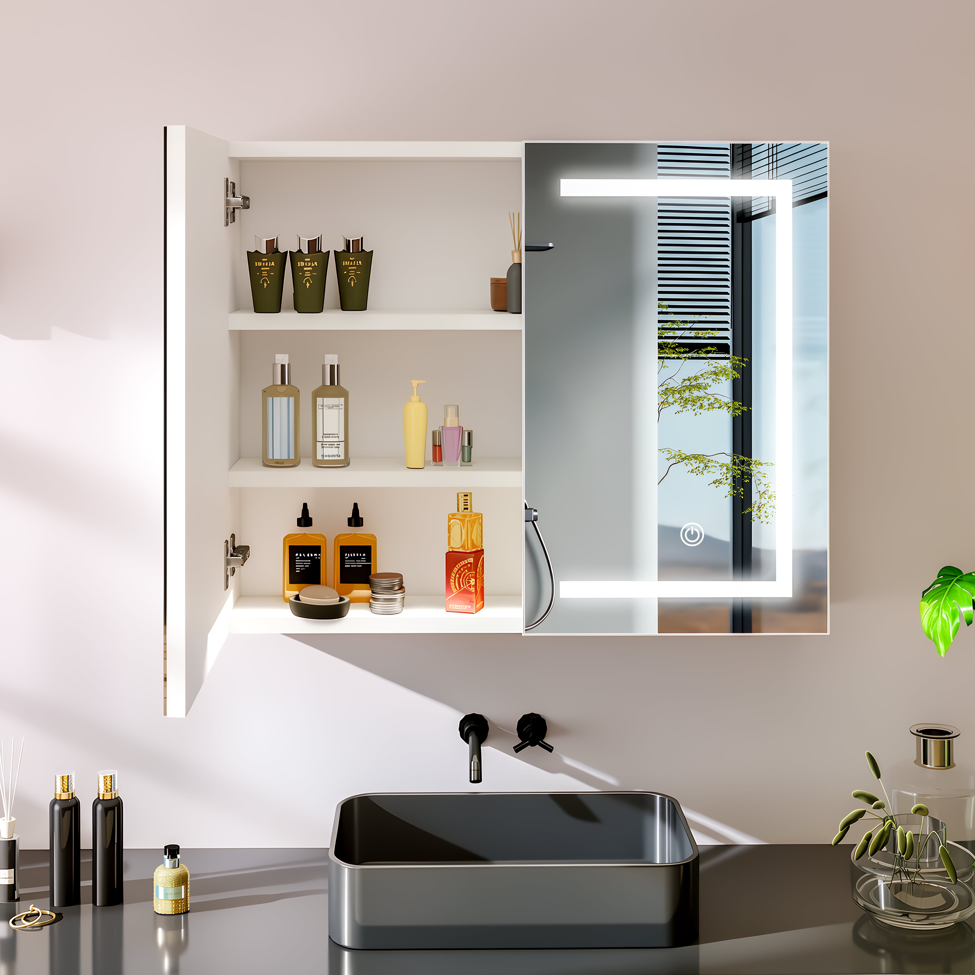 OYAJIA Bathroom Mirror Cabinet with 3-Color Dimming, Foldable Mirror and Adjustable Storage