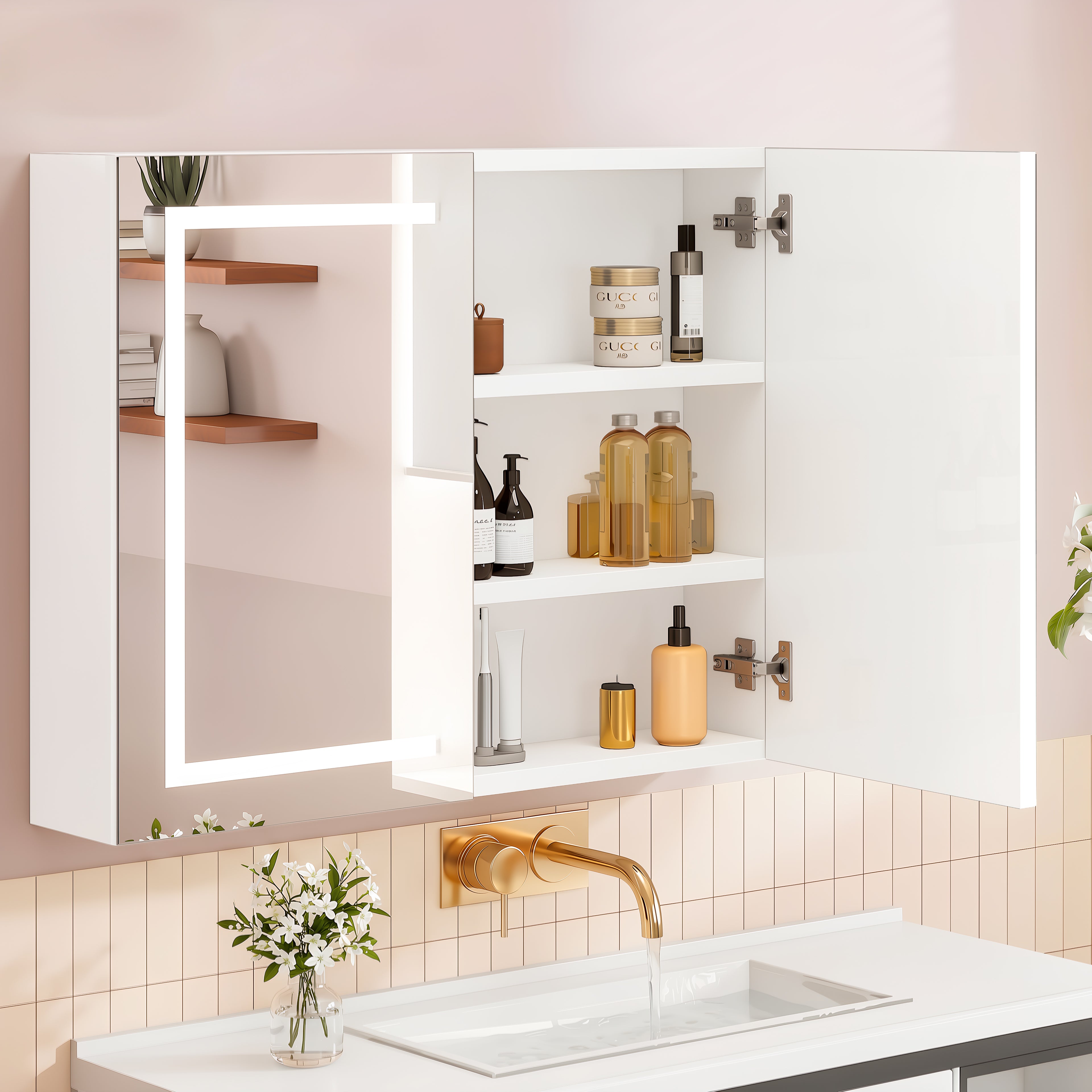 OYAJIA Bathroom Mirror Cabinet with 3-Color Dimming, Foldable Mirror and Adjustable Storage