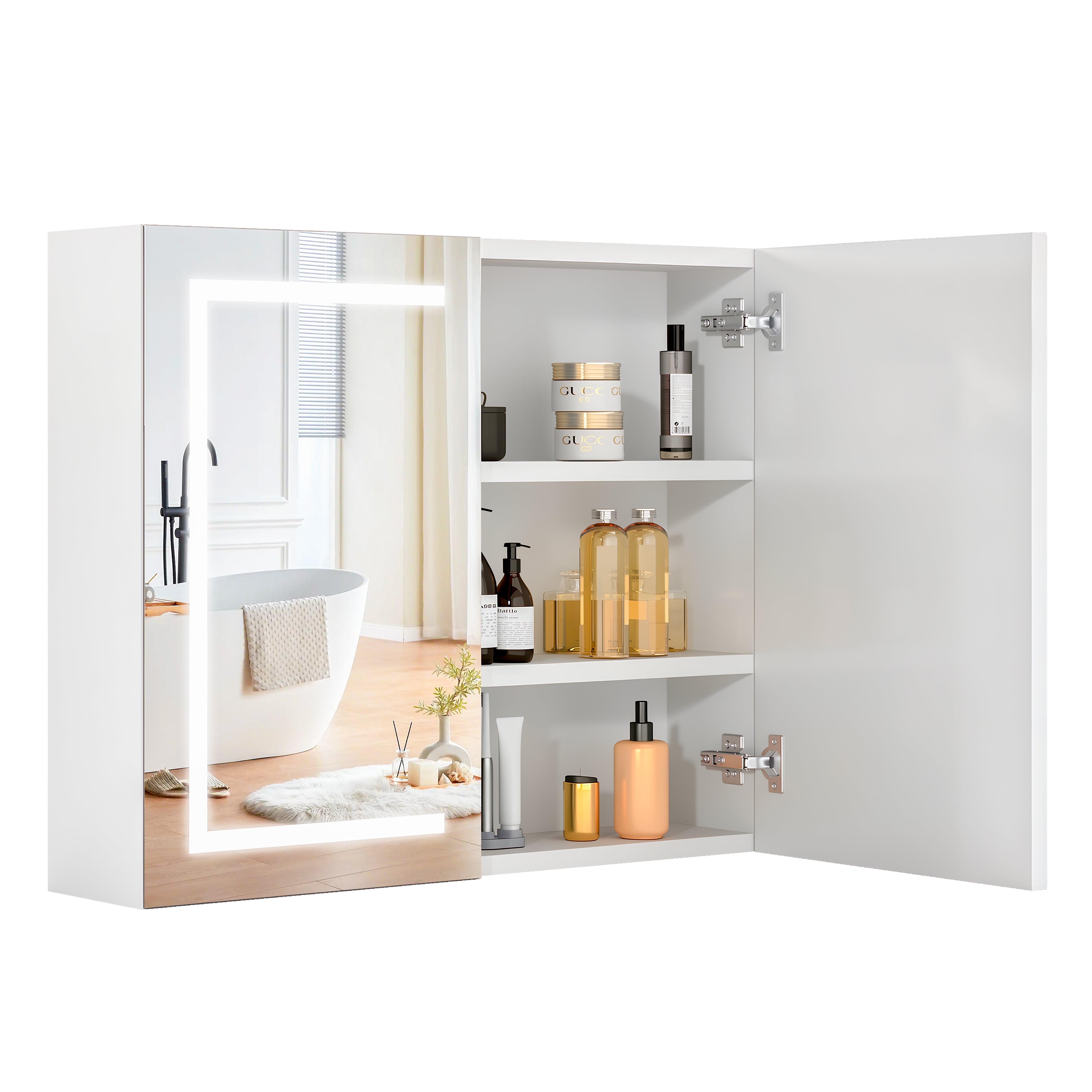 OYAJIA Bathroom Mirror Cabinet with 3-Color Dimming, Foldable Mirror and Adjustable Storage