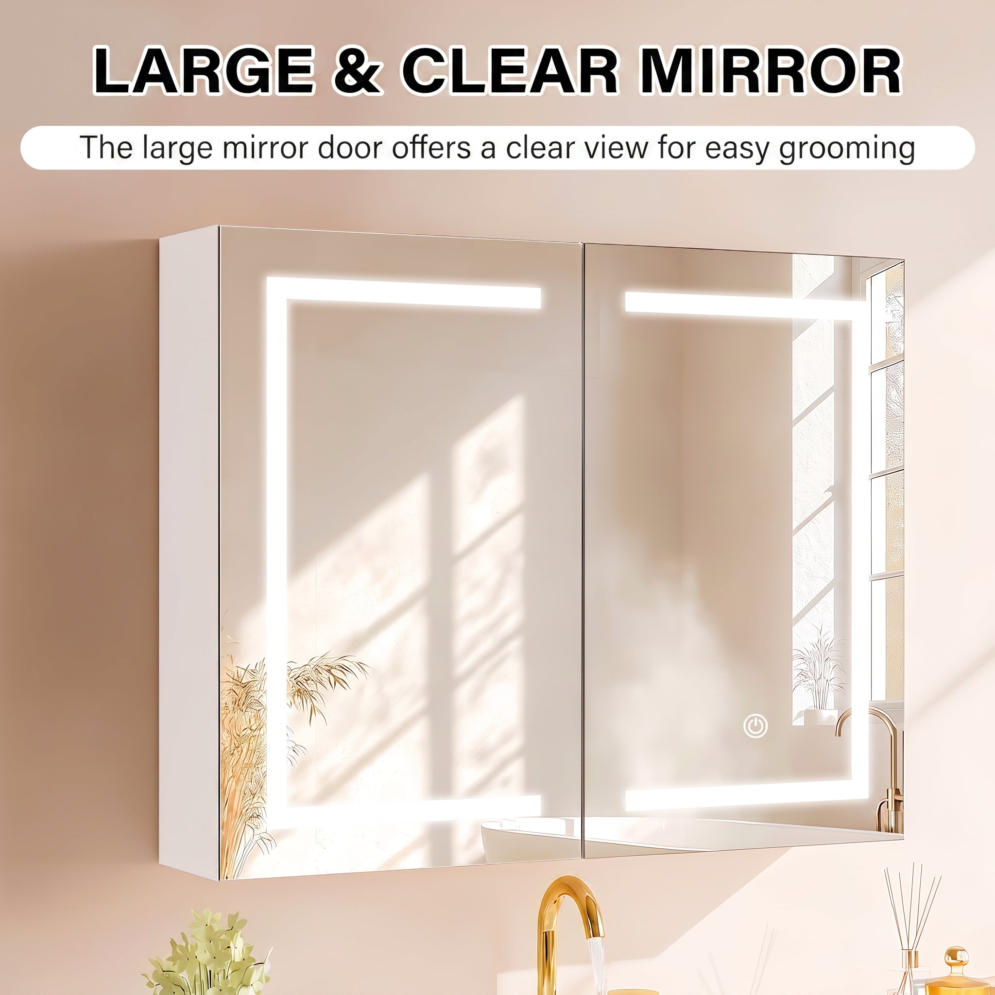 OYAJIA Bathroom Mirror Cabinet with 3-Color Dimming, Foldable Mirror and Adjustable Storage