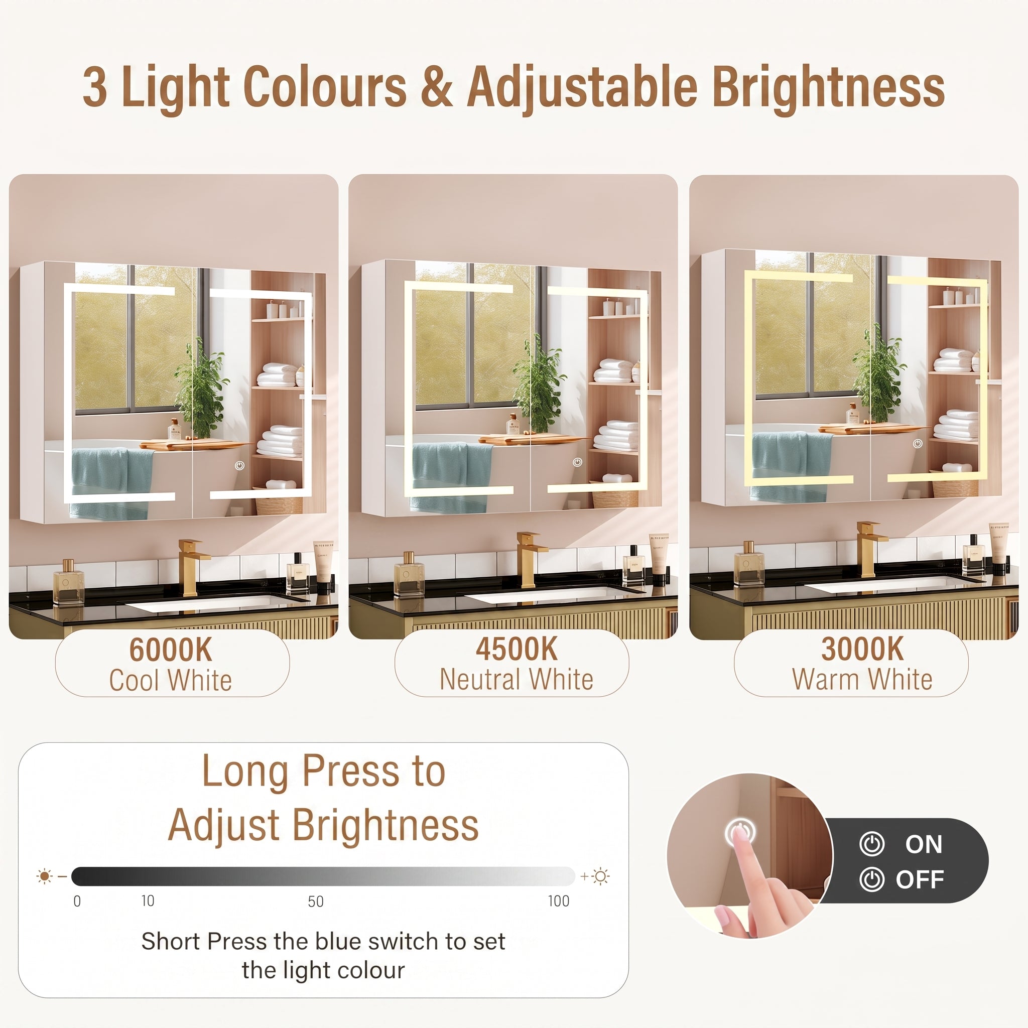 OYAJIA Bathroom Mirror Cabinet with 3-Color Dimming, Foldable Mirror and Adjustable Storage