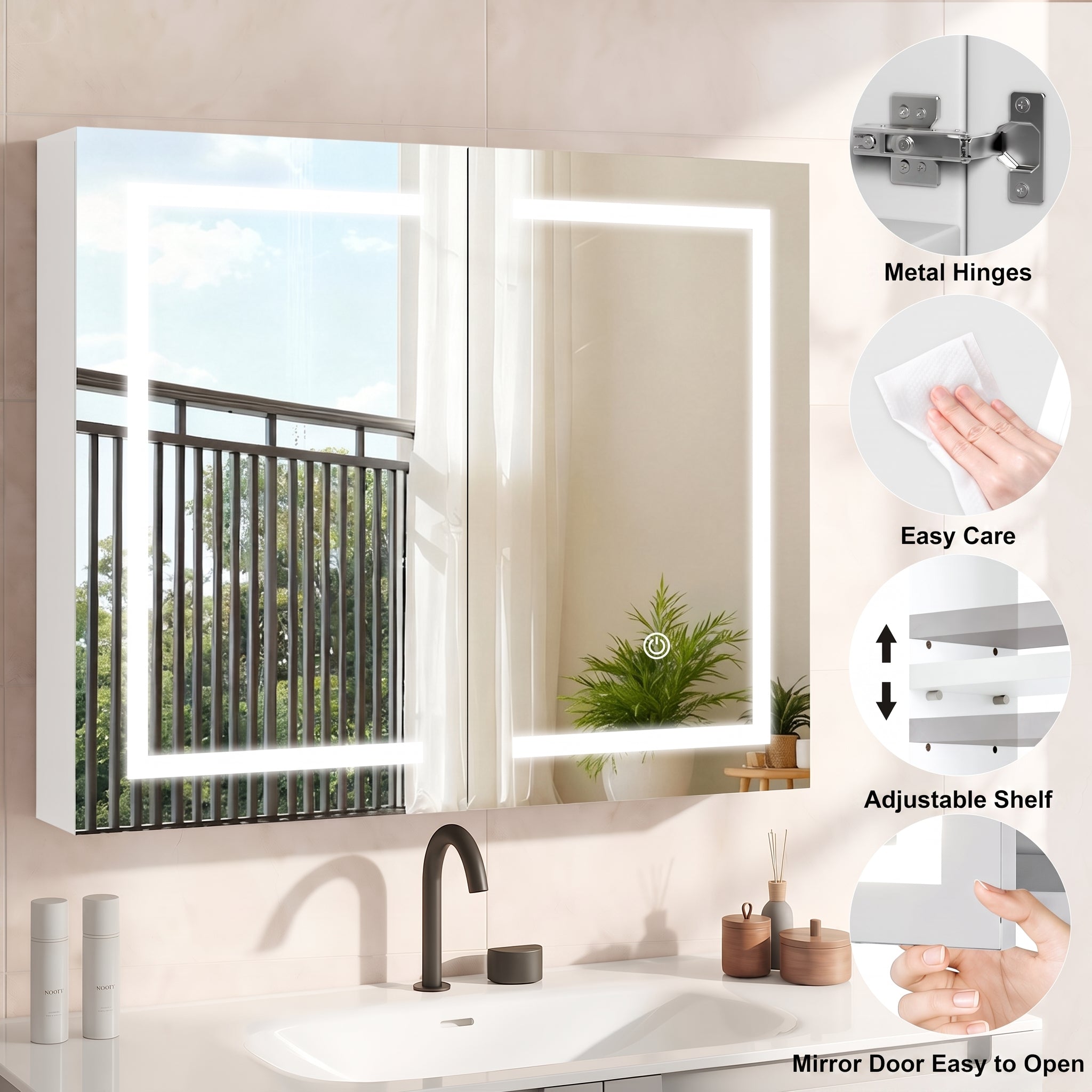 OYAJIA Bathroom Mirror Cabinet with 3-Color Dimming, Foldable Mirror and Adjustable Storage