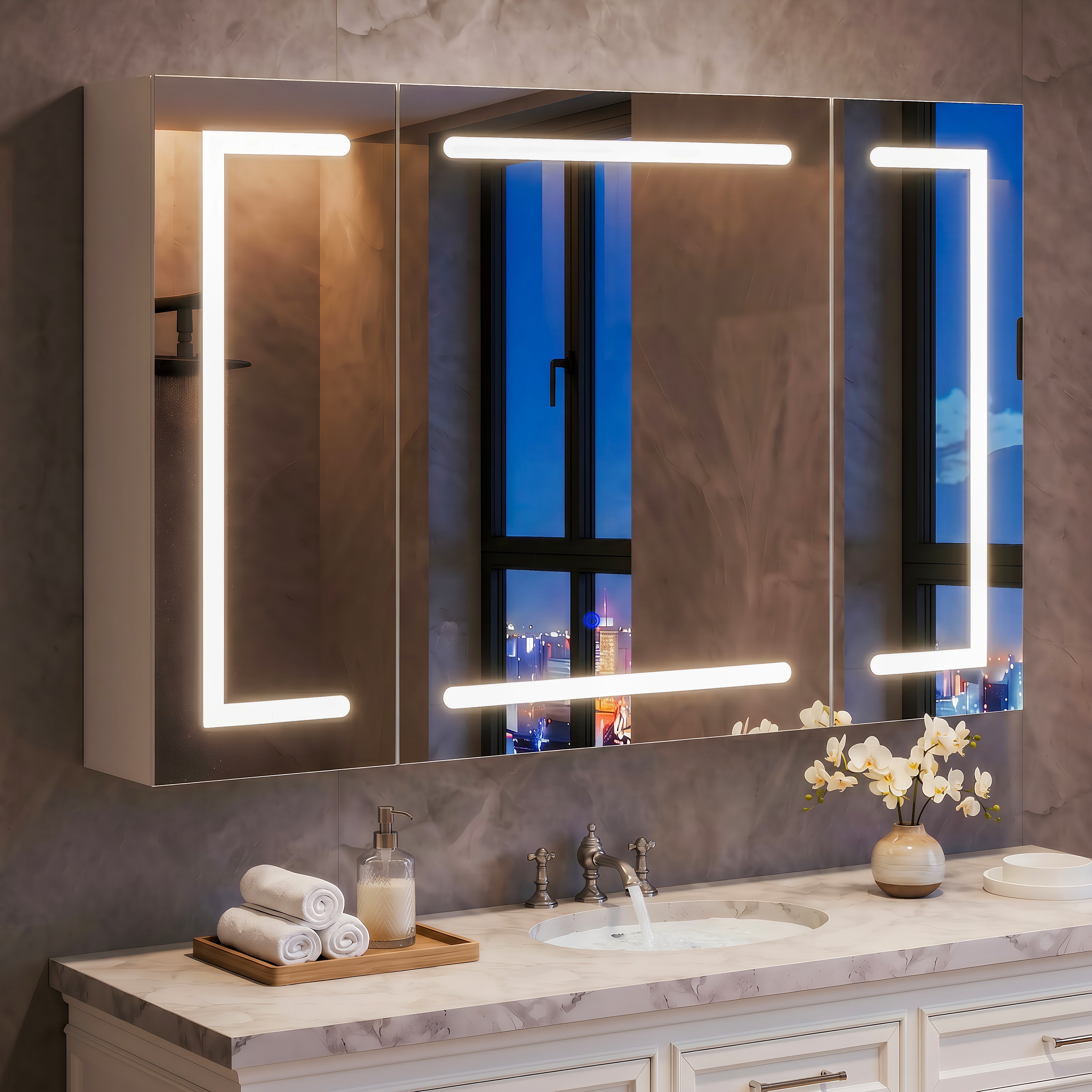 OYAJIA LED Bathroom Mirror Cabinet with Lights, 3 Doors, Dimmable 3-Color Lighting