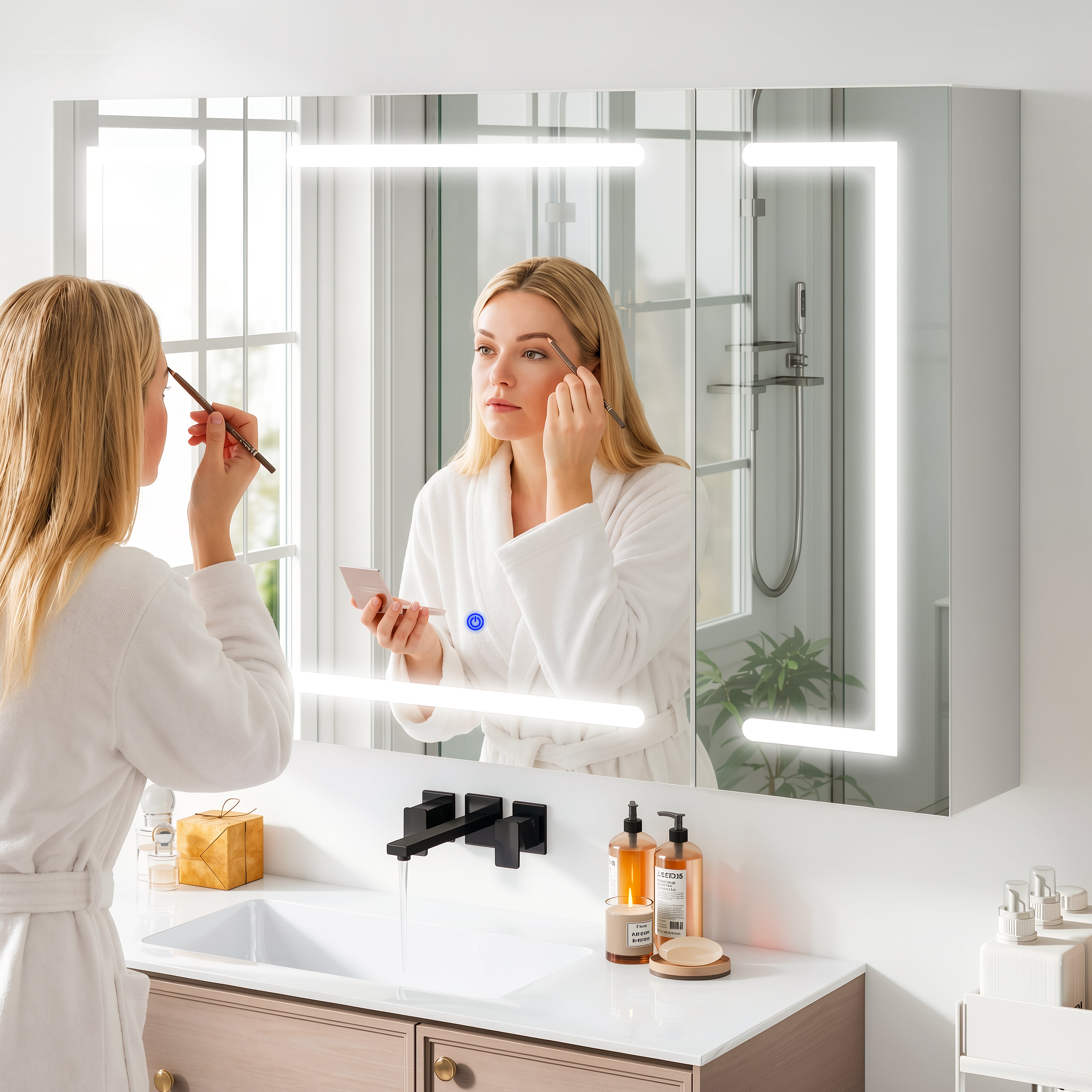 OYAJIA LED Bathroom Mirror Cabinet with Lights, 3 Doors, Dimmable 3-Color Lighting