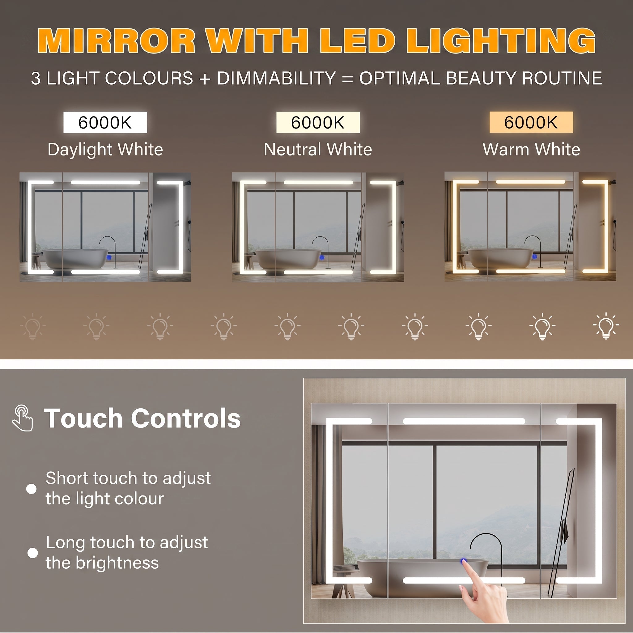 OYAJIA LED Bathroom Mirror Cabinet with Lights, 3 Doors, Dimmable 3-Color Lighting