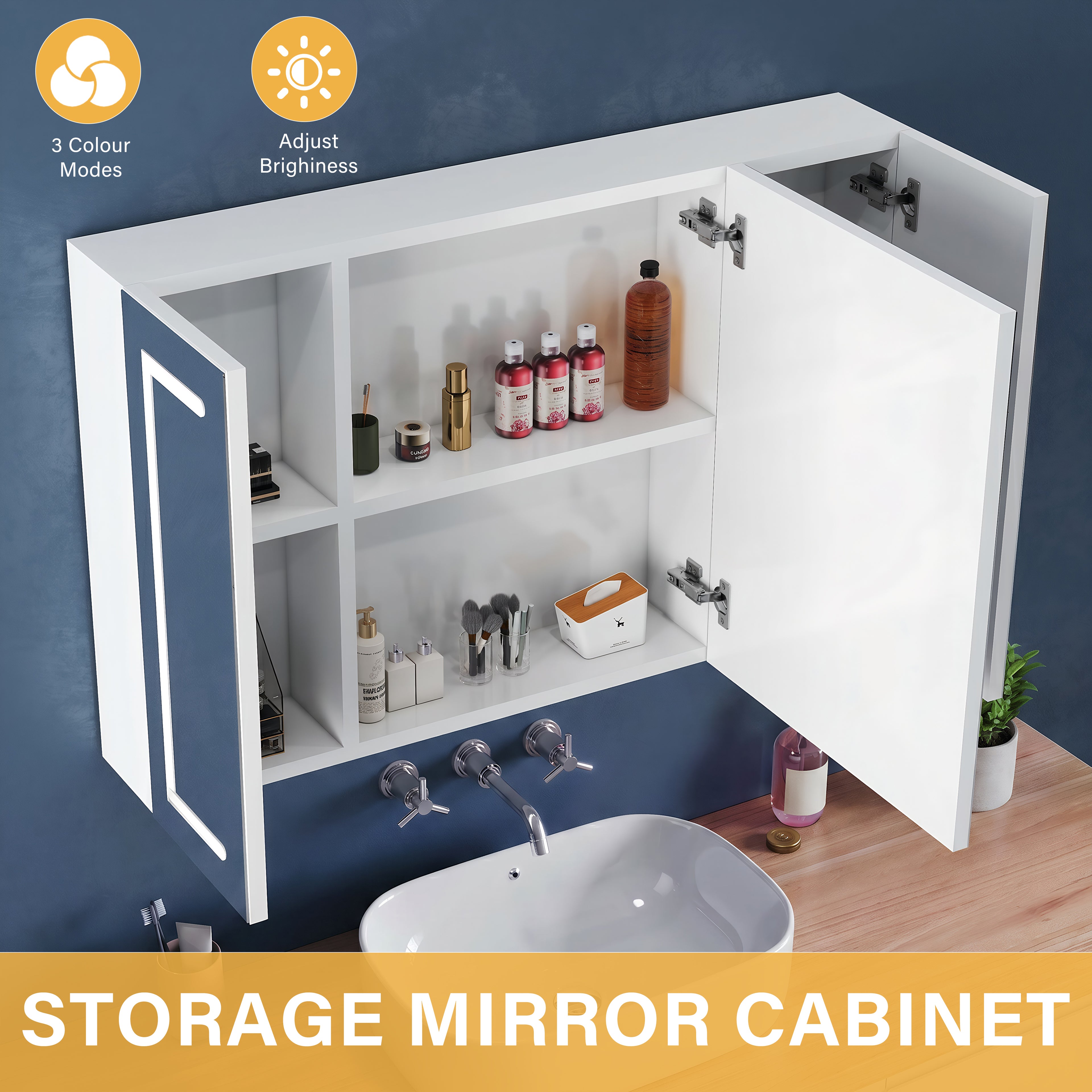 OYAJIA LED Bathroom Mirror Cabinet with Lights, 3 Doors, Dimmable 3-Color Lighting