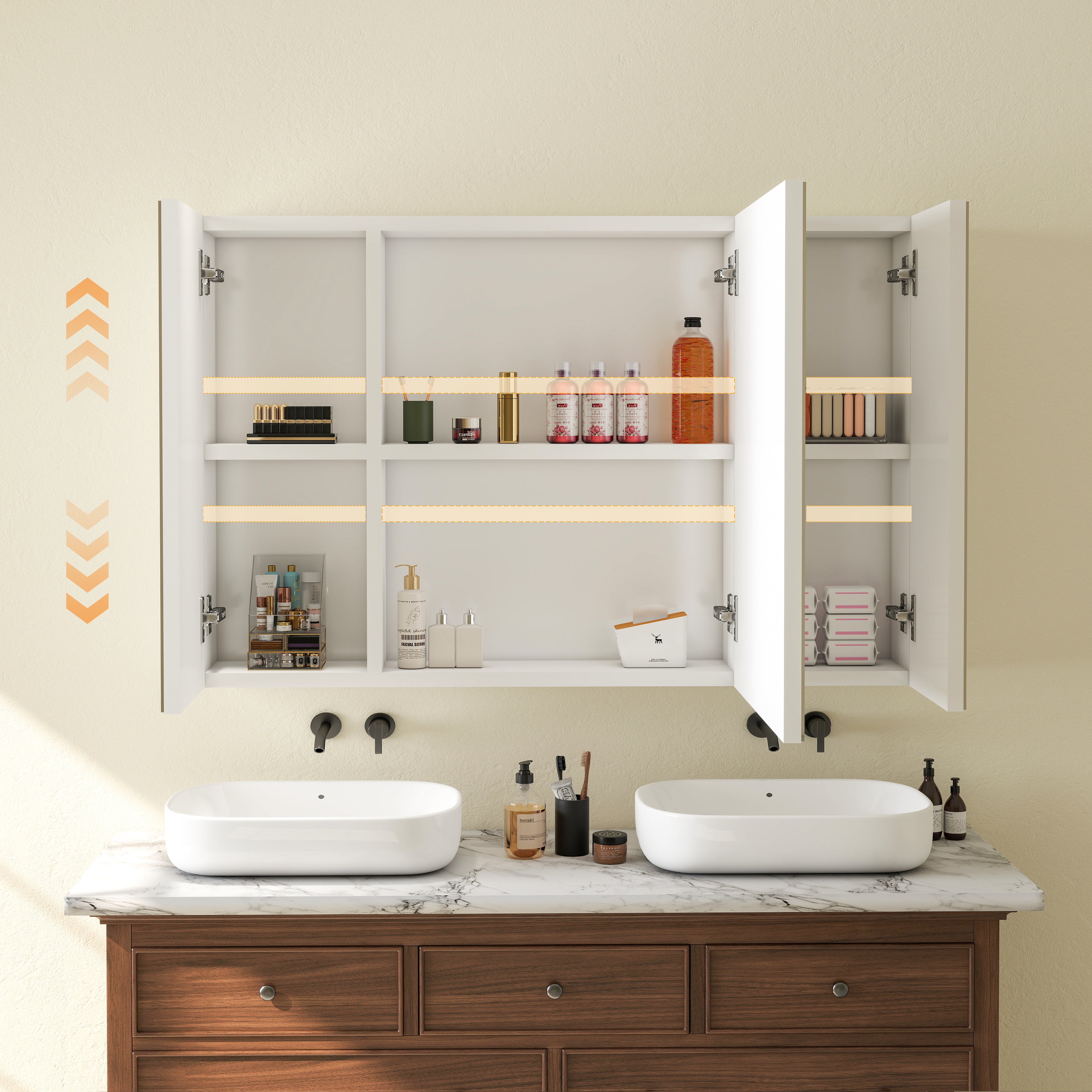 OYAJIA LED Bathroom Mirror Cabinet with Lights, 3 Doors, Dimmable 3-Color Lighting