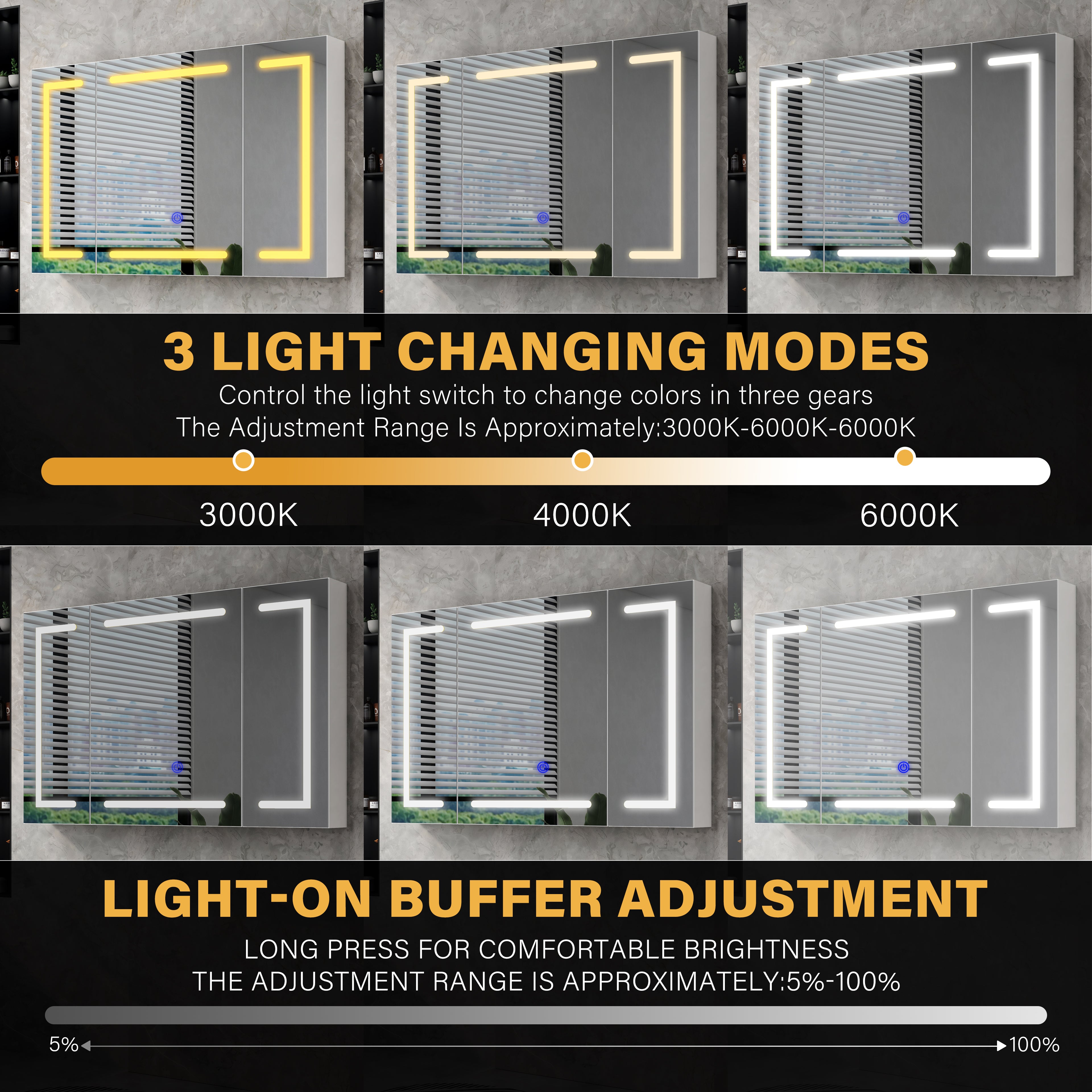 OYAJIA LED Bathroom Mirror Cabinet with Lights, 3 Doors, Dimmable 3-Color Lighting