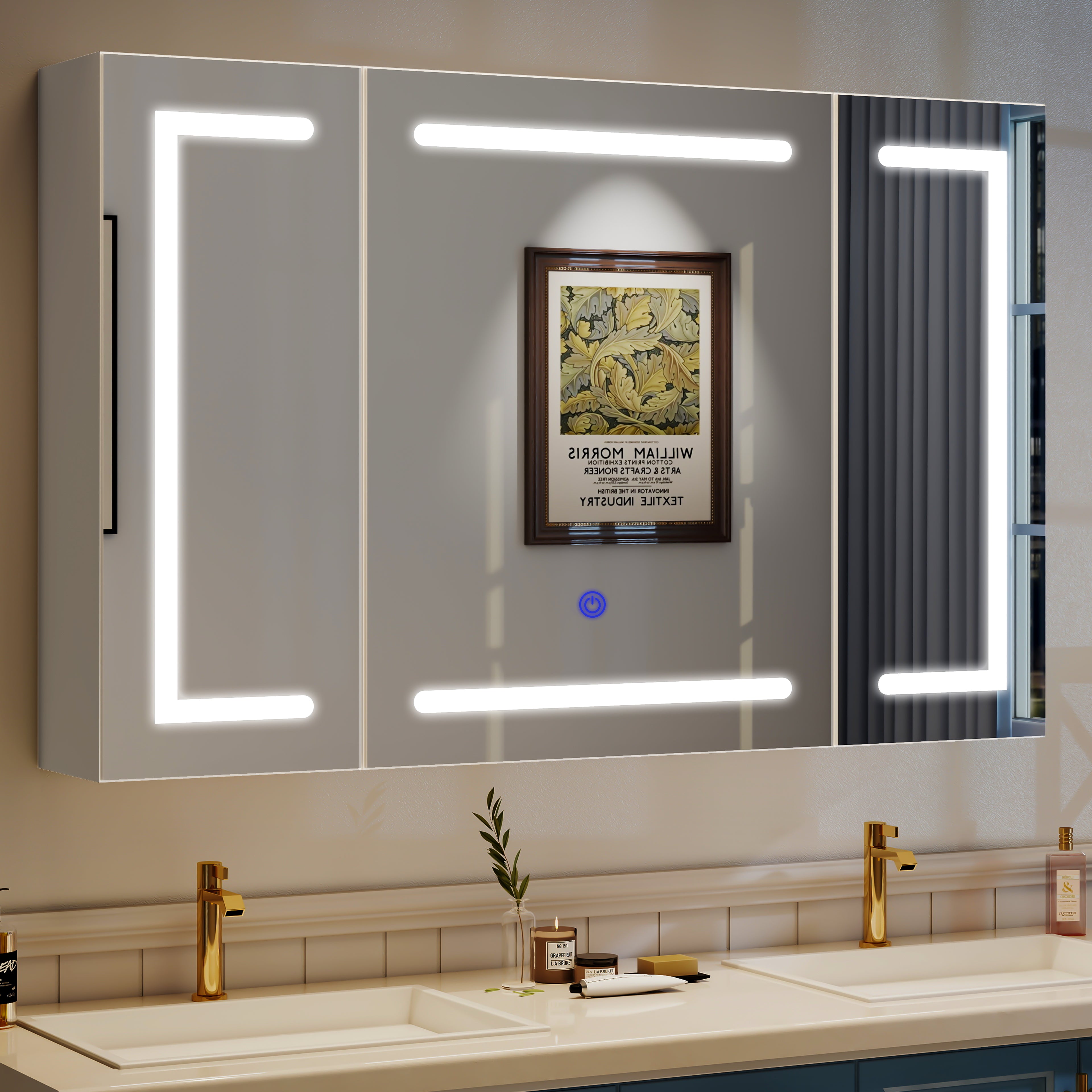 OYAJIA LED Bathroom Mirror Cabinet with Lights, 3 Doors, Dimmable 3-Color Lighting