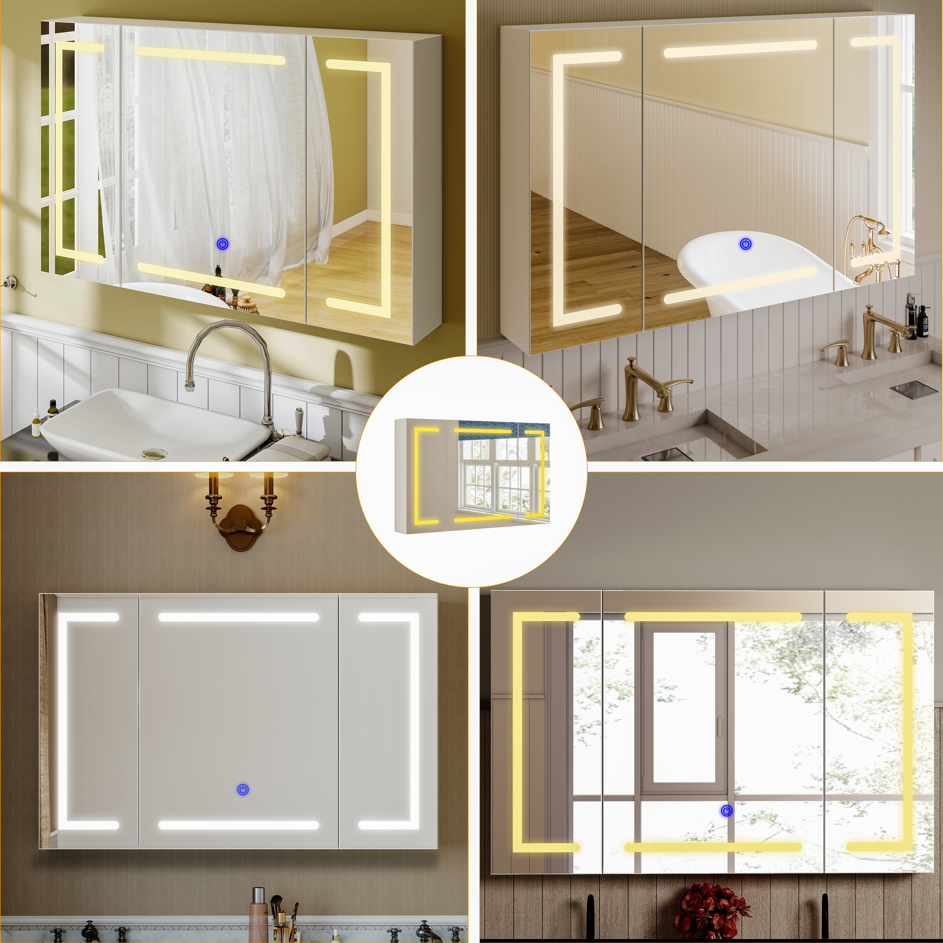 OYAJIA LED Bathroom Mirror Cabinet with Lights, 3 Doors, Dimmable 3-Color Lighting