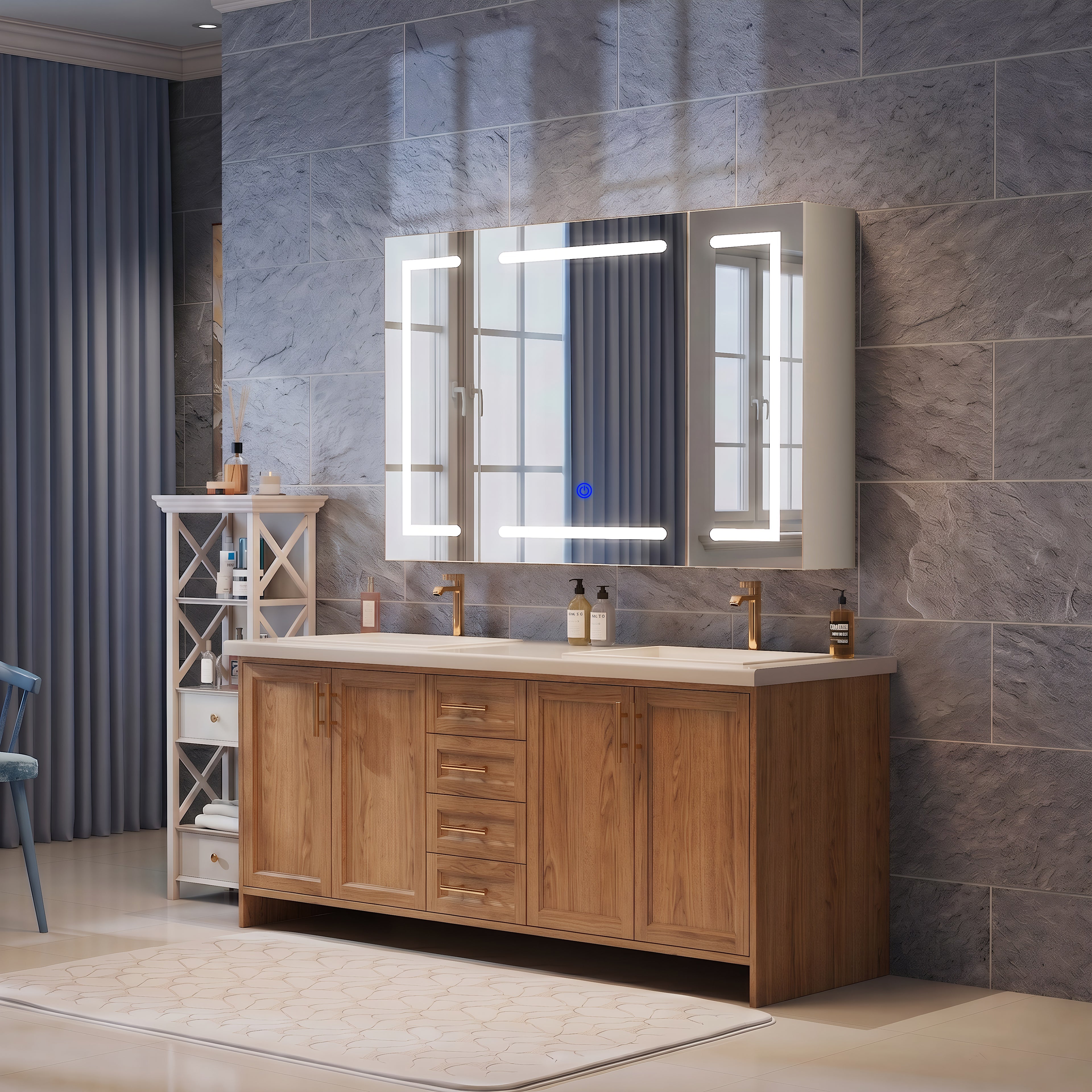 OYAJIA LED Bathroom Mirror Cabinet with Lights, 3 Doors, Dimmable 3-Color Lighting