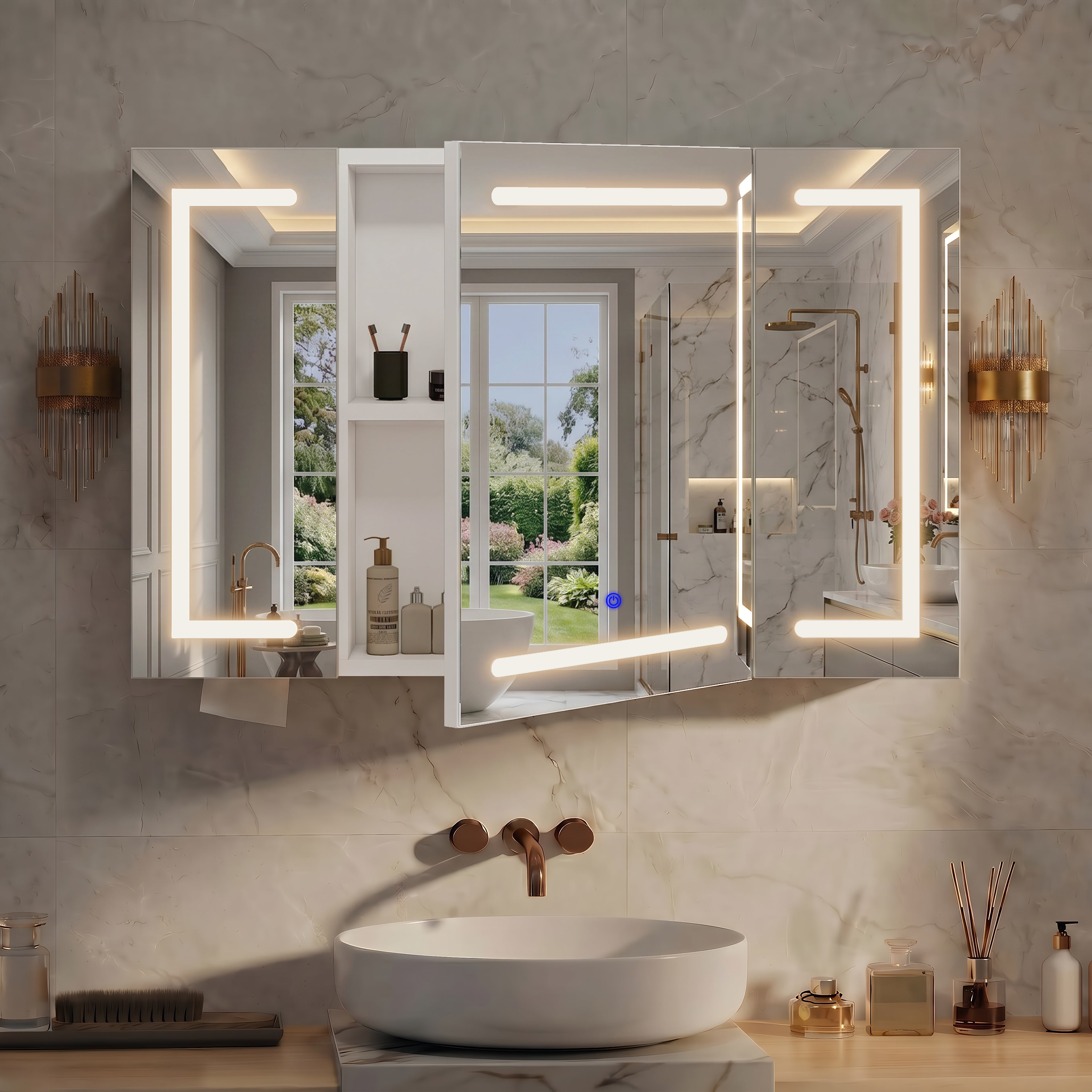 OYAJIA LED Bathroom Mirror Cabinet with Lights, 3 Doors, Dimmable 3-Color Lighting
