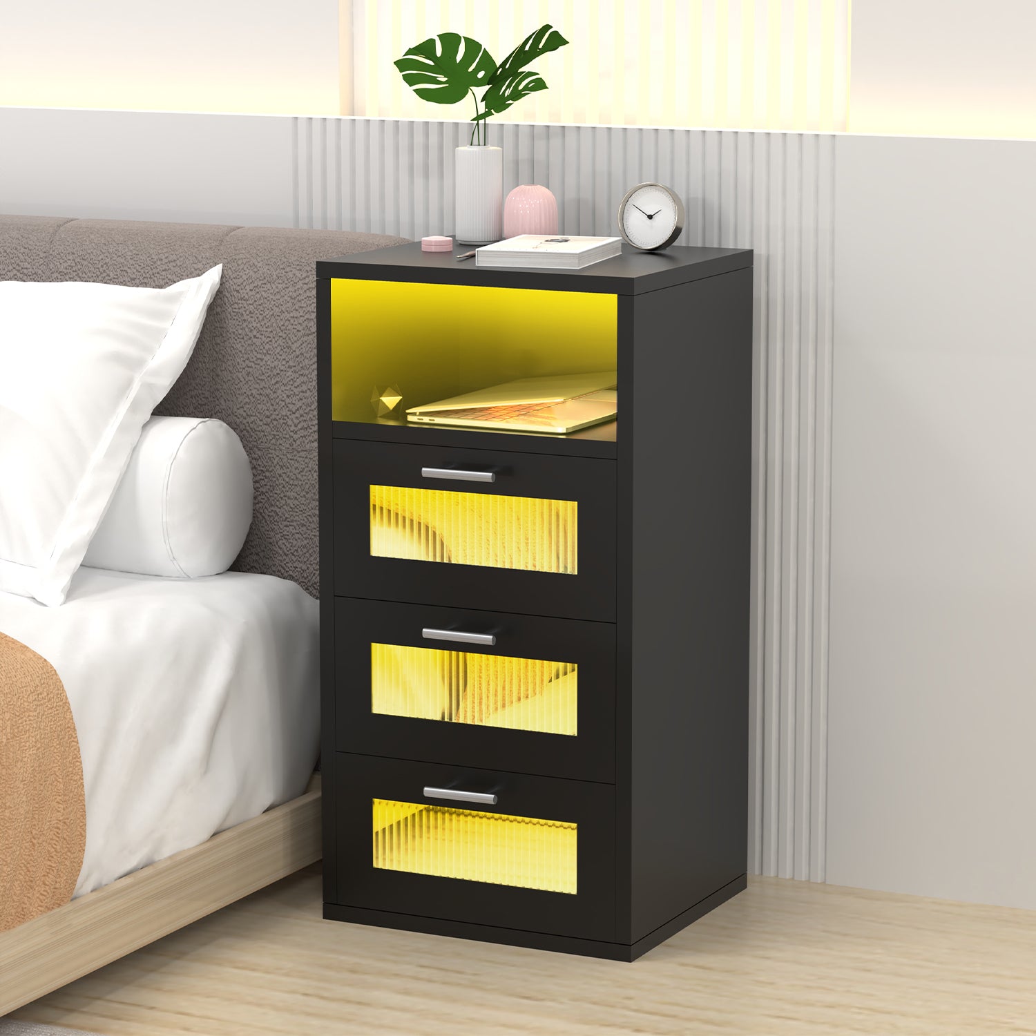 OYAJIA Smart Nightstand with RGB LED, Charging Station, USB-C, USB Port and 2/3 Drawers