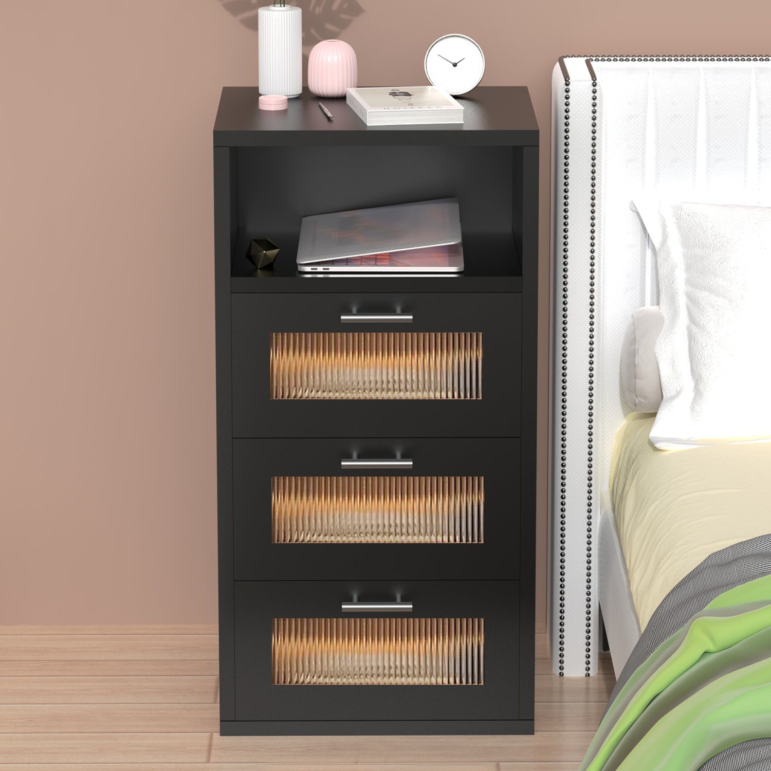 OYAJIA Smart Nightstand with RGB LED, Charging Station, USB-C, USB Port and 2/3 Drawers