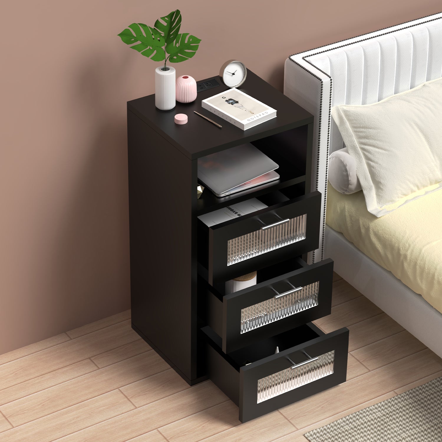 OYAJIA Smart Nightstand with RGB LED, Charging Station, USB-C, USB Port and 2/3 Drawers