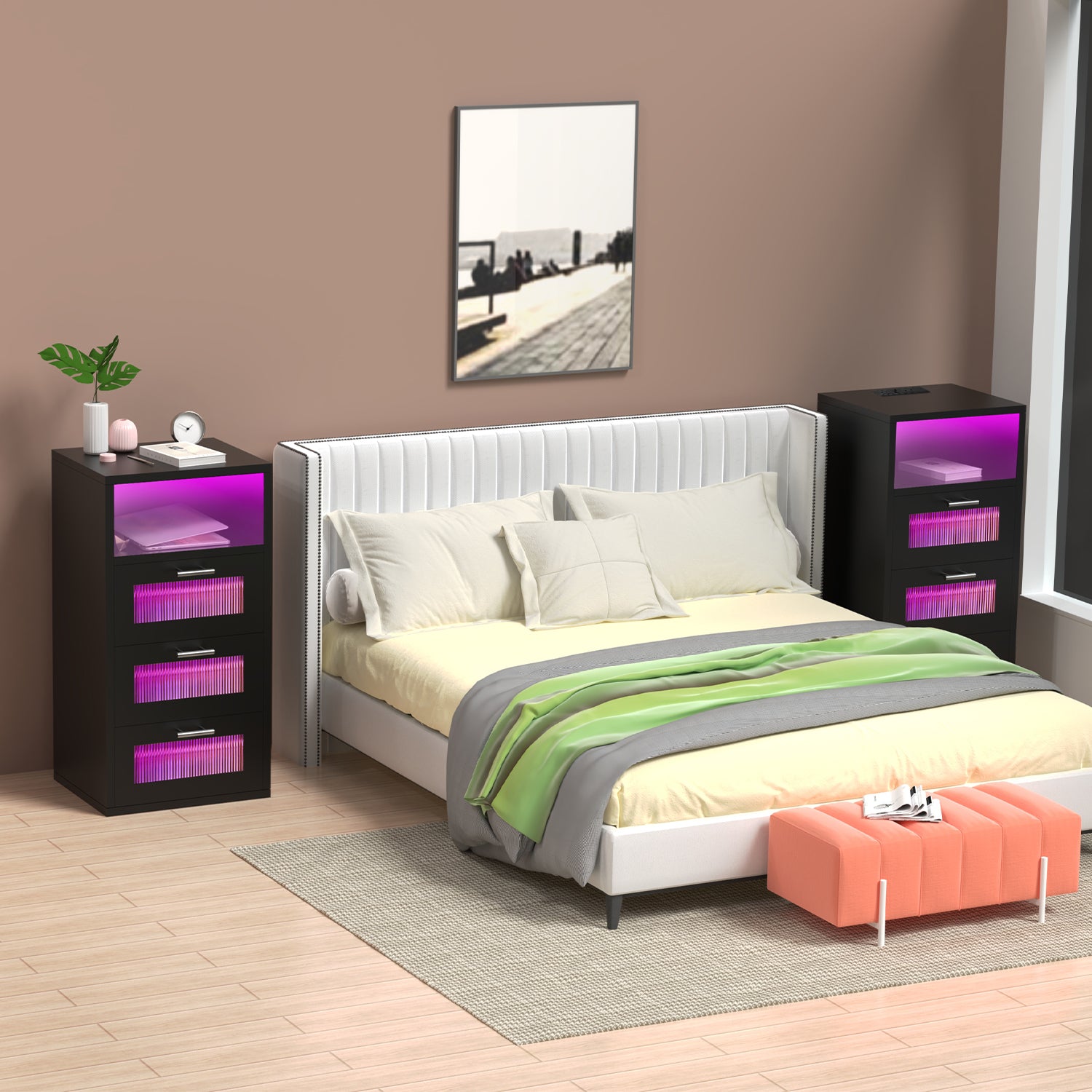 OYAJIA Smart Nightstand with RGB LED, Charging Station, USB-C, USB Port and 2/3 Drawers