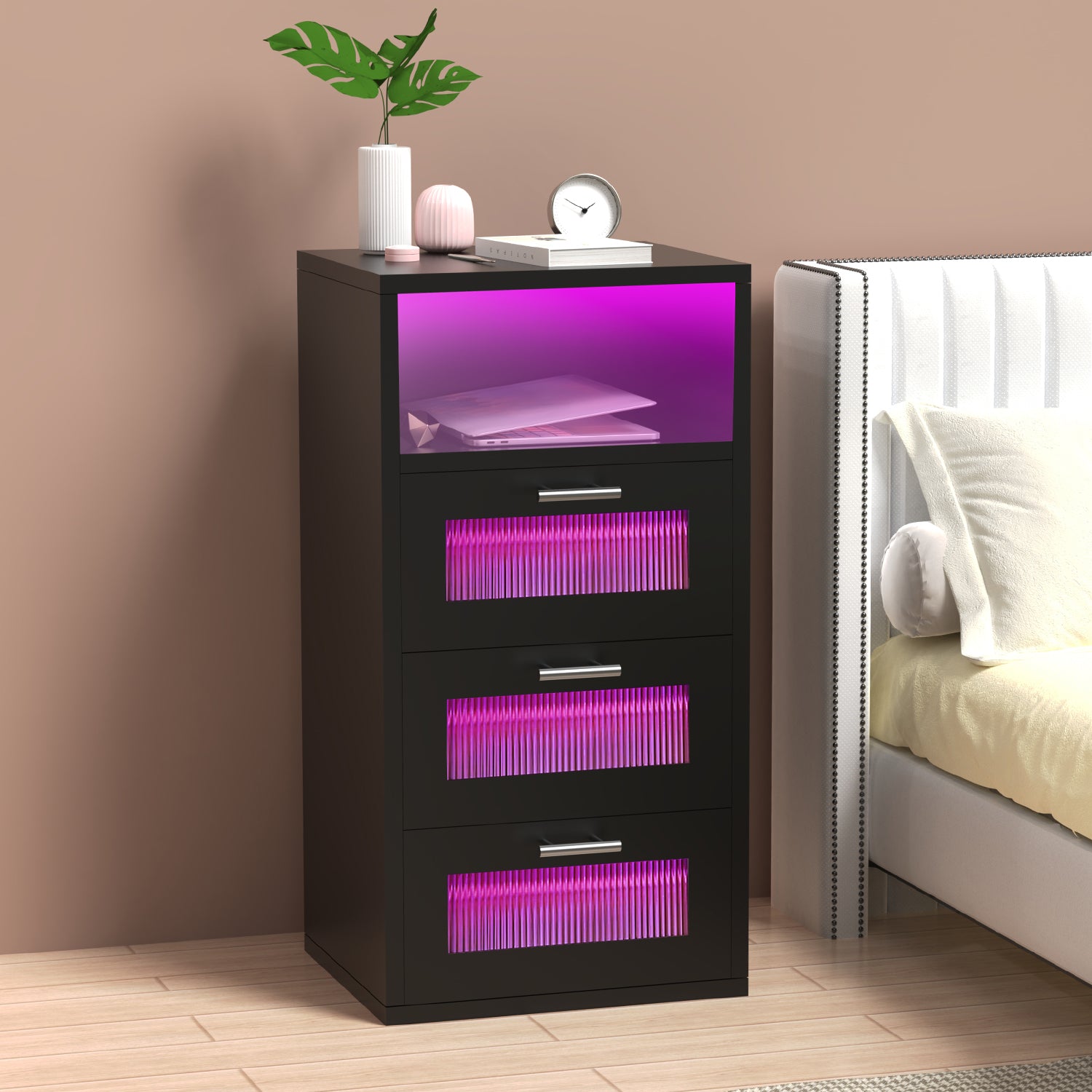 OYAJIA Smart Nightstand with RGB LED, Charging Station, USB-C, USB Port and 2/3 Drawers