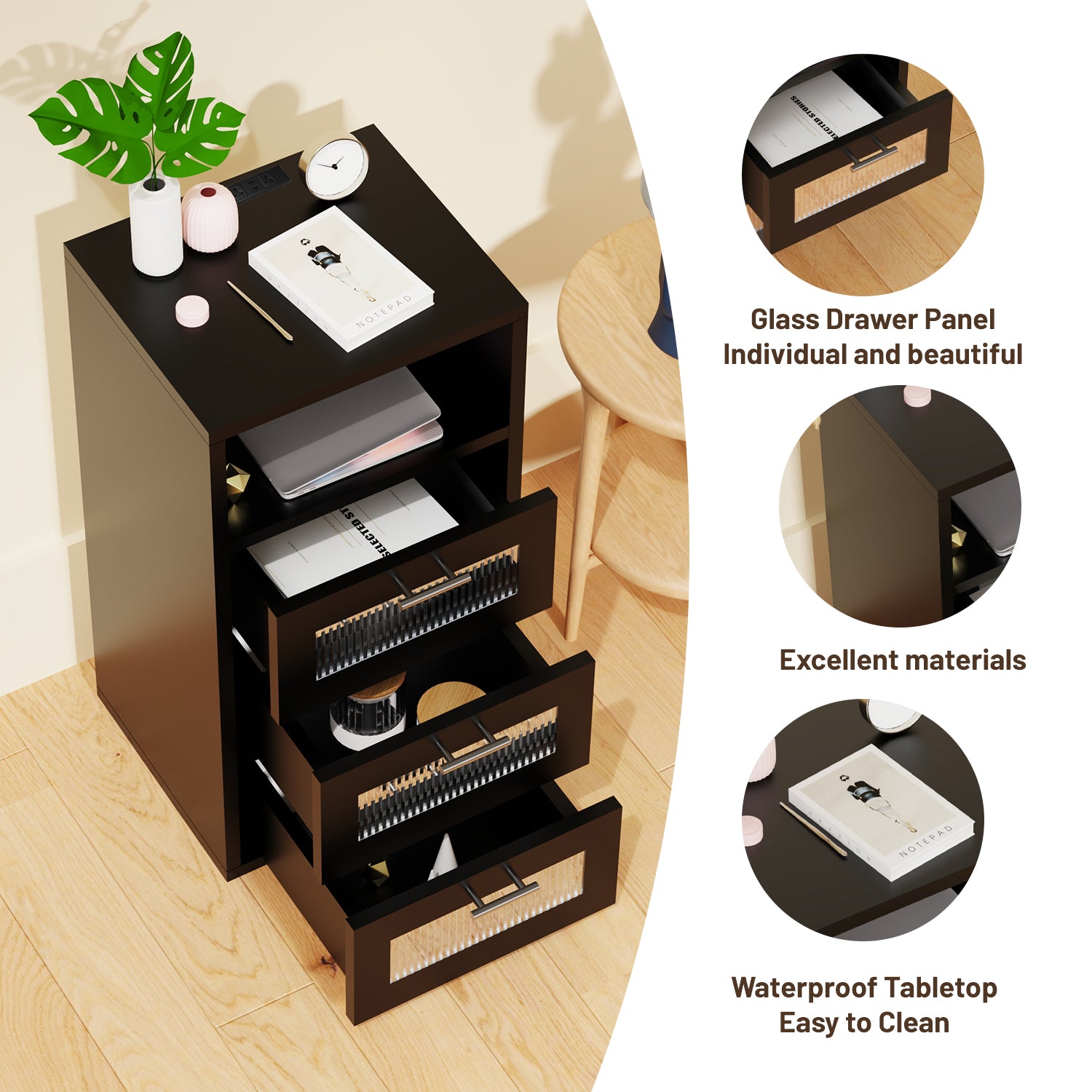 OYAJIA Smart Nightstand with RGB LED, Charging Station, USB-C, USB Port and 2/3 Drawers