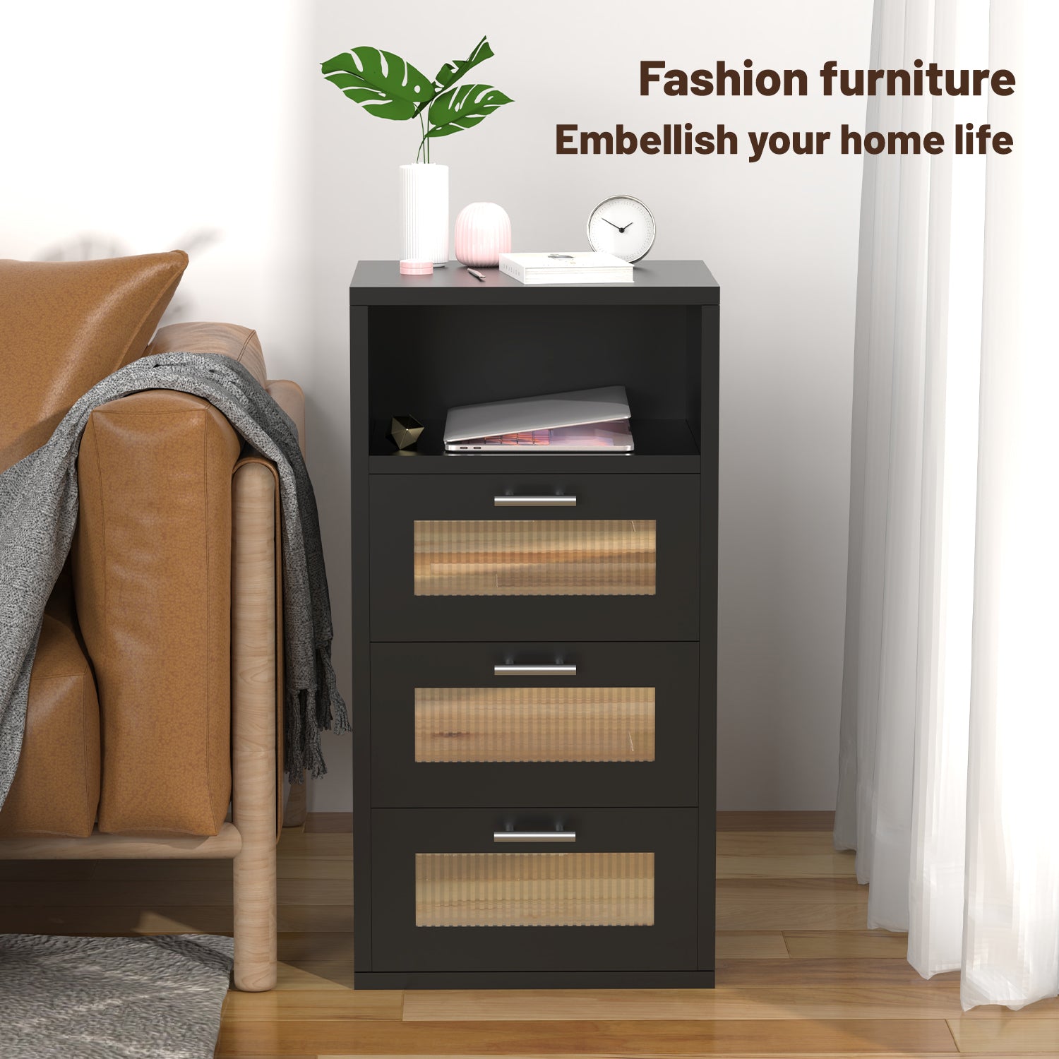 OYAJIA Smart Nightstand with RGB LED, Charging Station, USB-C, USB Port and 2/3 Drawers