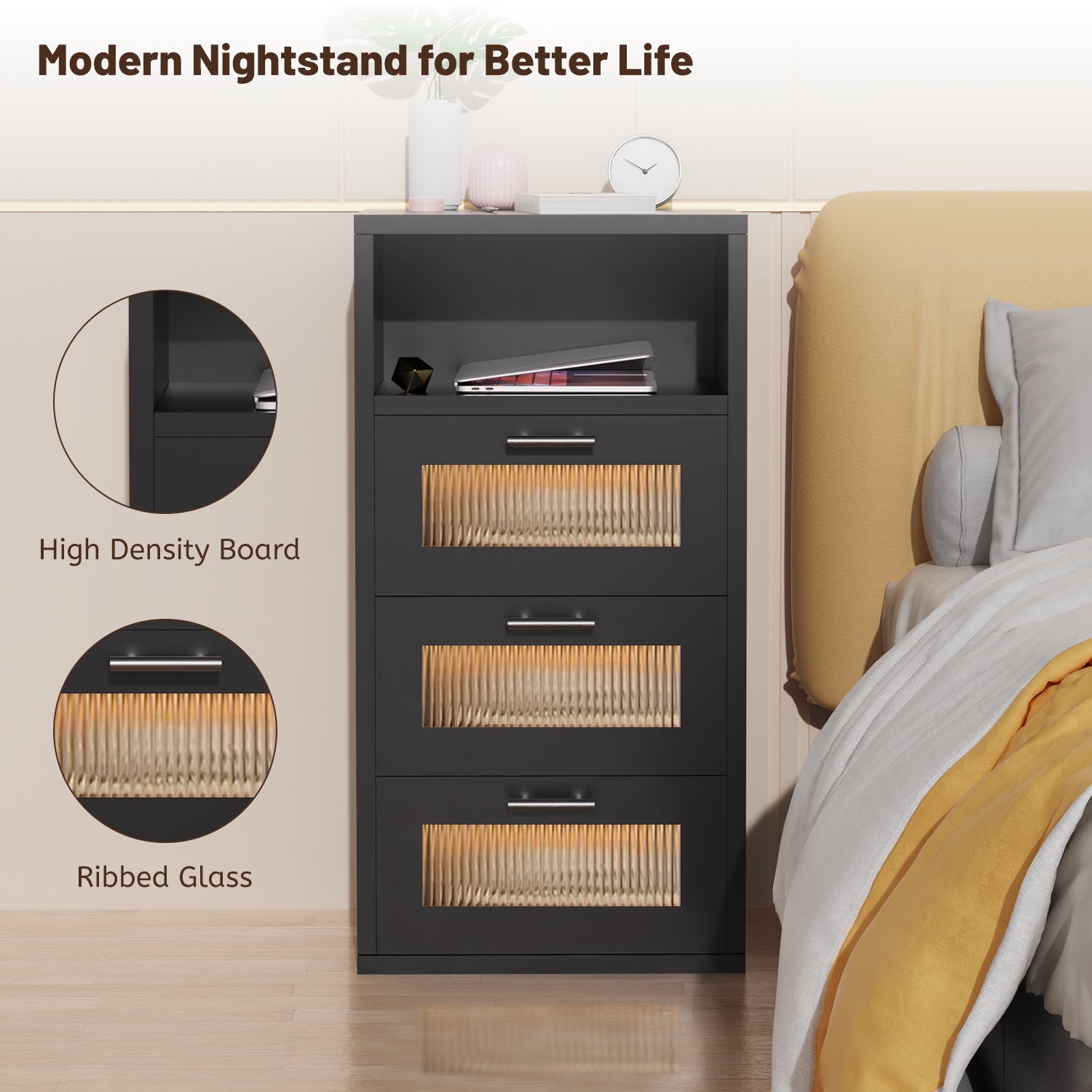 OYAJIA Smart Nightstand with RGB LED, Charging Station, USB-C, USB Port and 2/3 Drawers