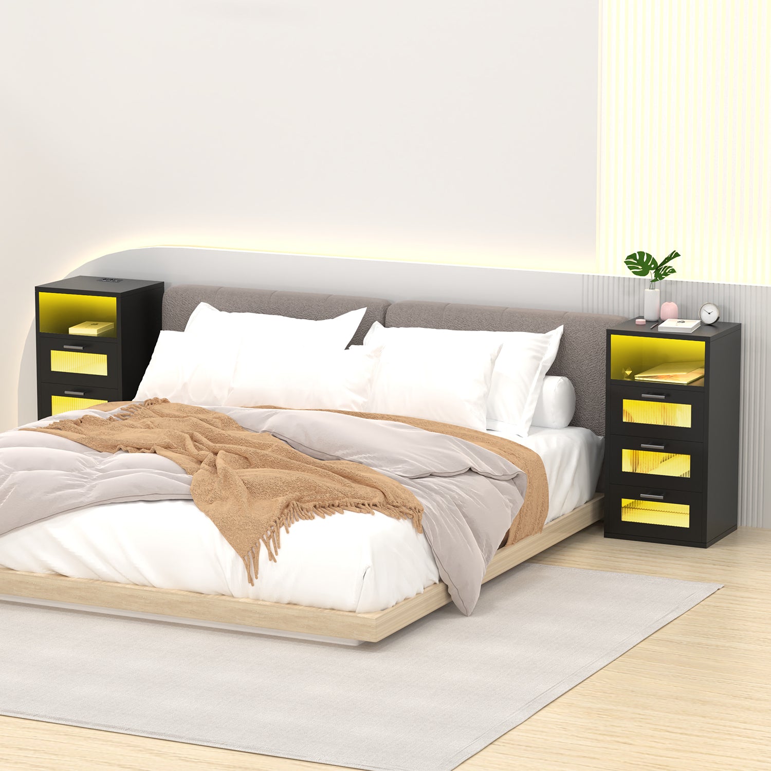 OYAJIA Smart Nightstand with RGB LED, Charging Station, USB-C, USB Port and 2/3 Drawers