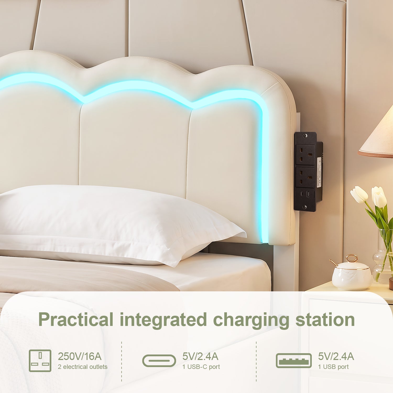 OYAJIA Kids Upholstered Bed Frame with LED Lights, Charging Station, Storage Drawers and Adjustable Headboard