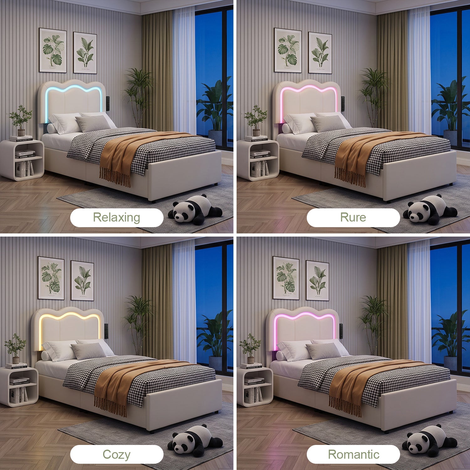 OYAJIA Kids Upholstered Bed Frame with LED Lights, Charging Station, Storage Drawers and Adjustable Headboard