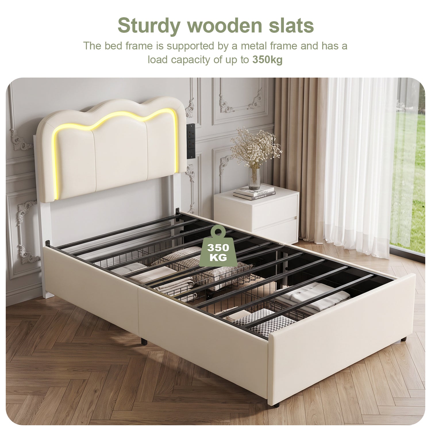 OYAJIA Kids Upholstered Bed Frame with LED Lights, Charging Station, Storage Drawers and Adjustable Headboard