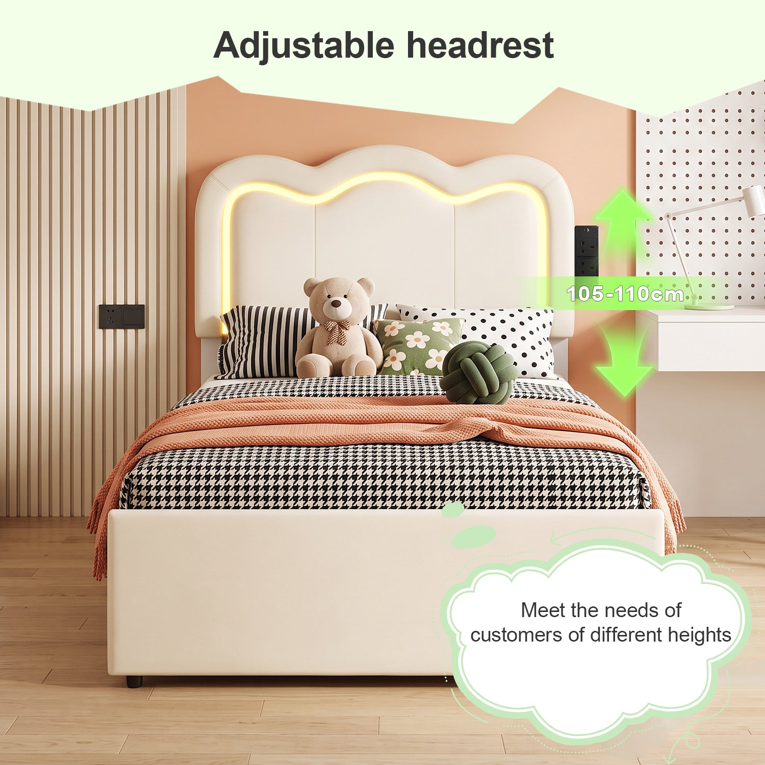 OYAJIA Kids Upholstered Bed Frame with LED Lights, Charging Station, Storage Drawers and Adjustable Headboard