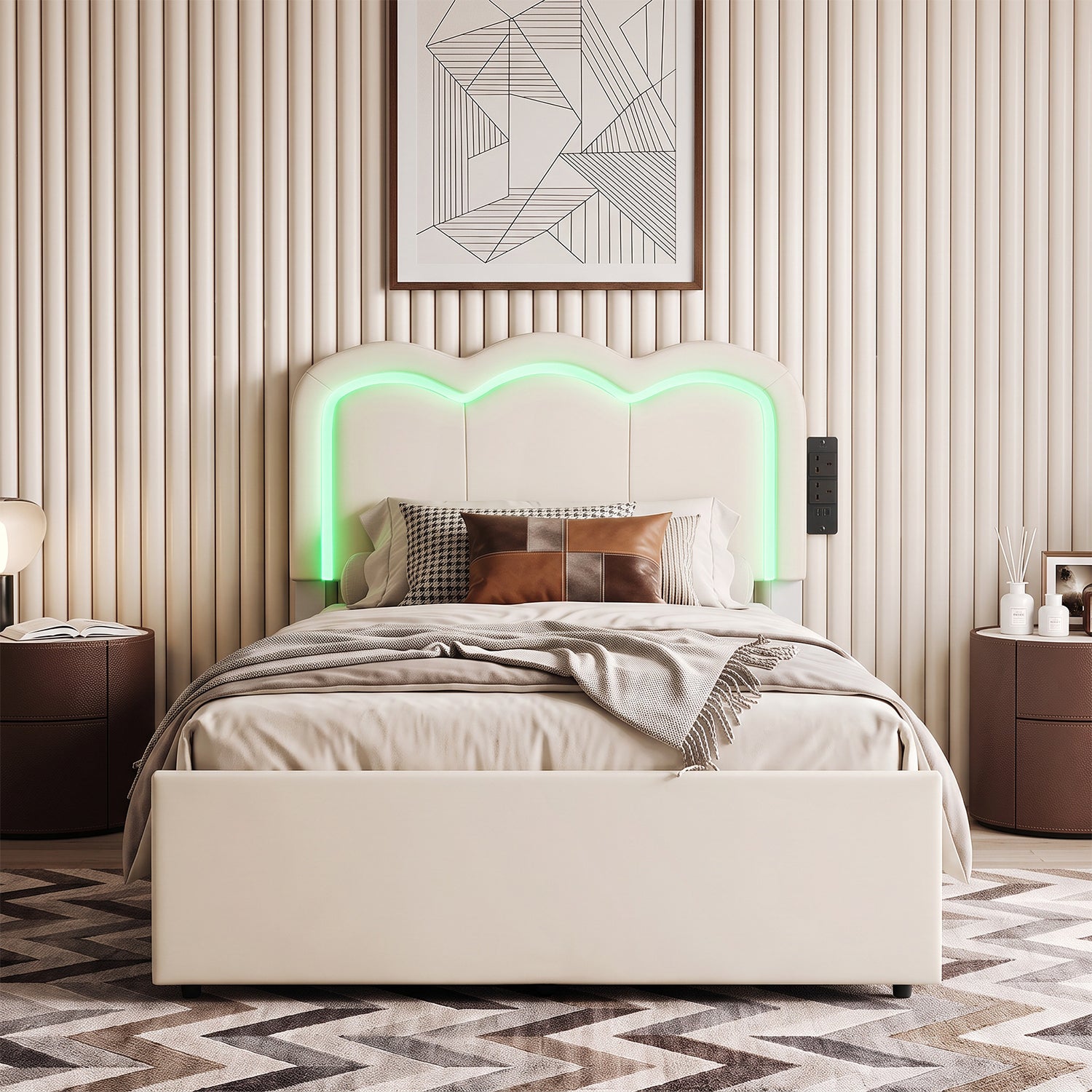 OYAJIA Kids Upholstered Bed Frame with LED Lights, Charging Station, Storage Drawers and Adjustable Headboard