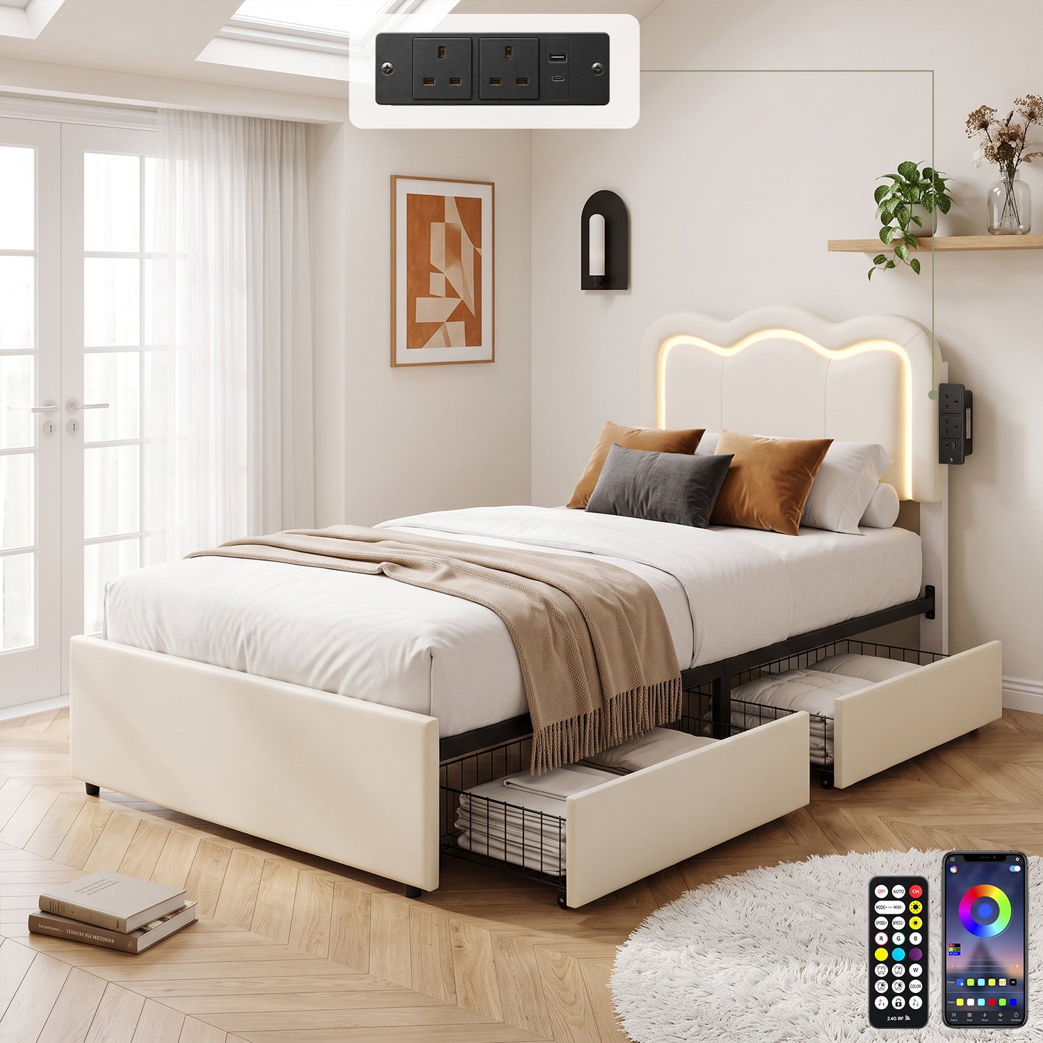 OYAJIA Kids Upholstered Bed Frame with LED Lights, Charging Station, Storage Drawers and Adjustable Headboard