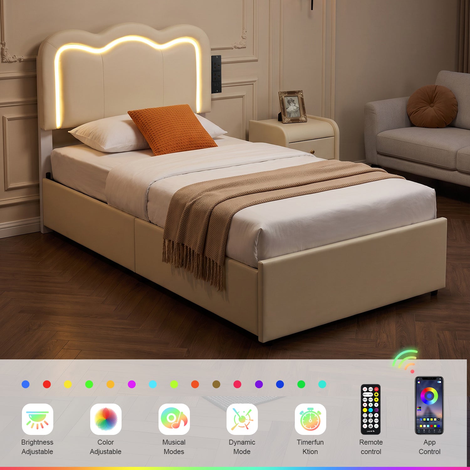 OYAJIA Kids Upholstered Bed Frame with LED Lights, Charging Station, Storage Drawers and Adjustable Headboard