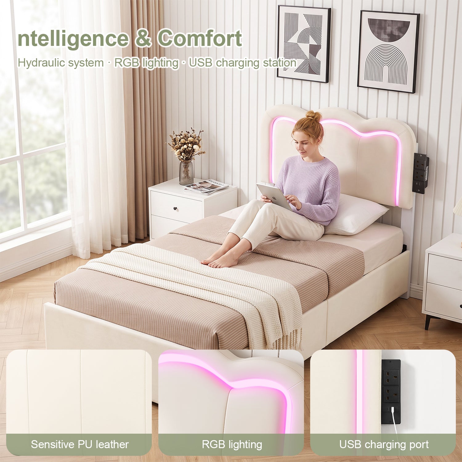 OYAJIA Kids Upholstered Bed Frame with LED Lights, Charging Station, Storage Drawers and Adjustable Headboard