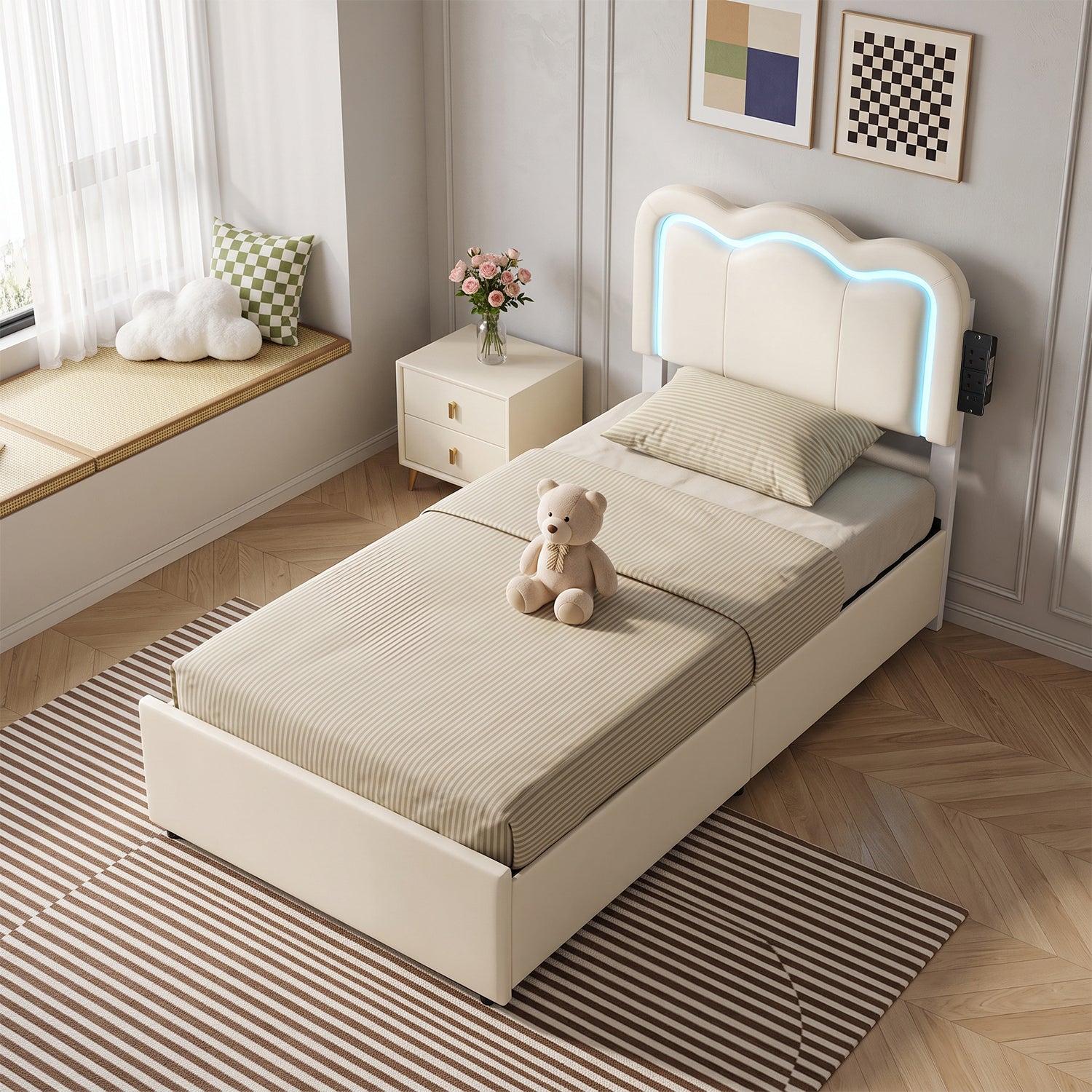 OYAJIA Kids Upholstered Bed Frame with LED Lights, Charging Station, Storage Drawers and Adjustable Headboard