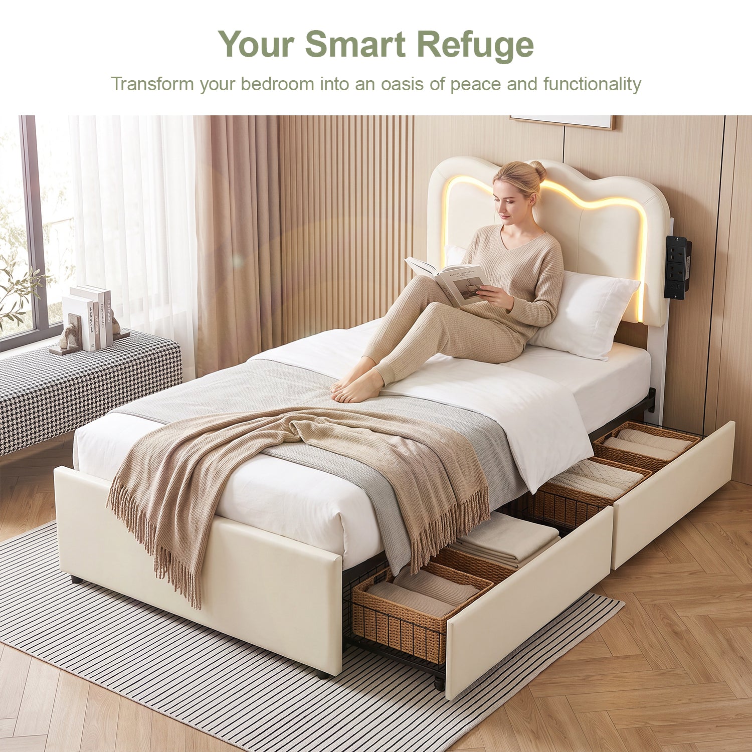 OYAJIA Kids Upholstered Bed Frame with LED Lights, Charging Station, Storage Drawers and Adjustable Headboard