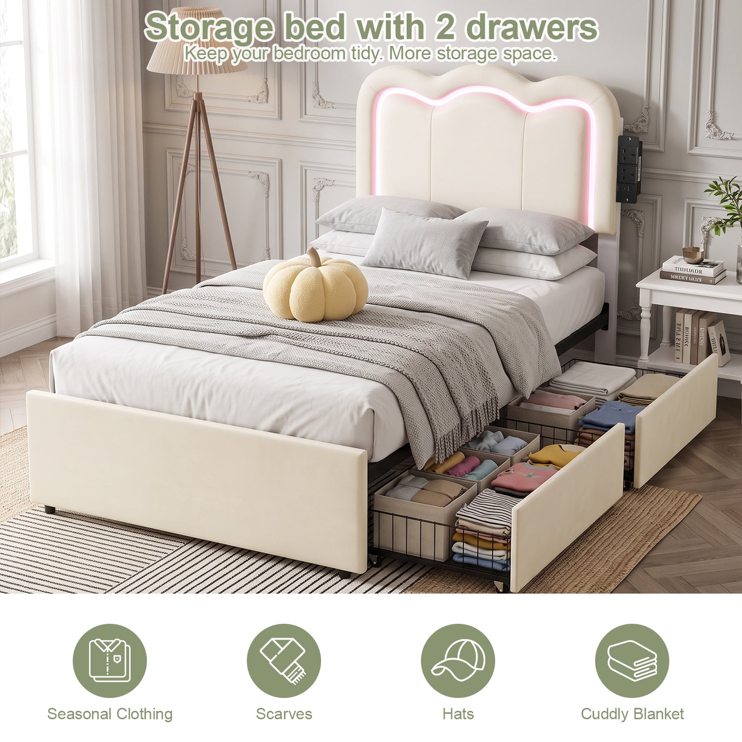 OYAJIA Kids Upholstered Bed Frame with LED Lights, Charging Station, Storage Drawers and Adjustable Headboard