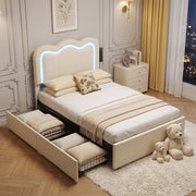 OYAJIA Kids Upholstered Bed Frame with LED Lights, Charging Station, Storage Drawers and Adjustable Headboard