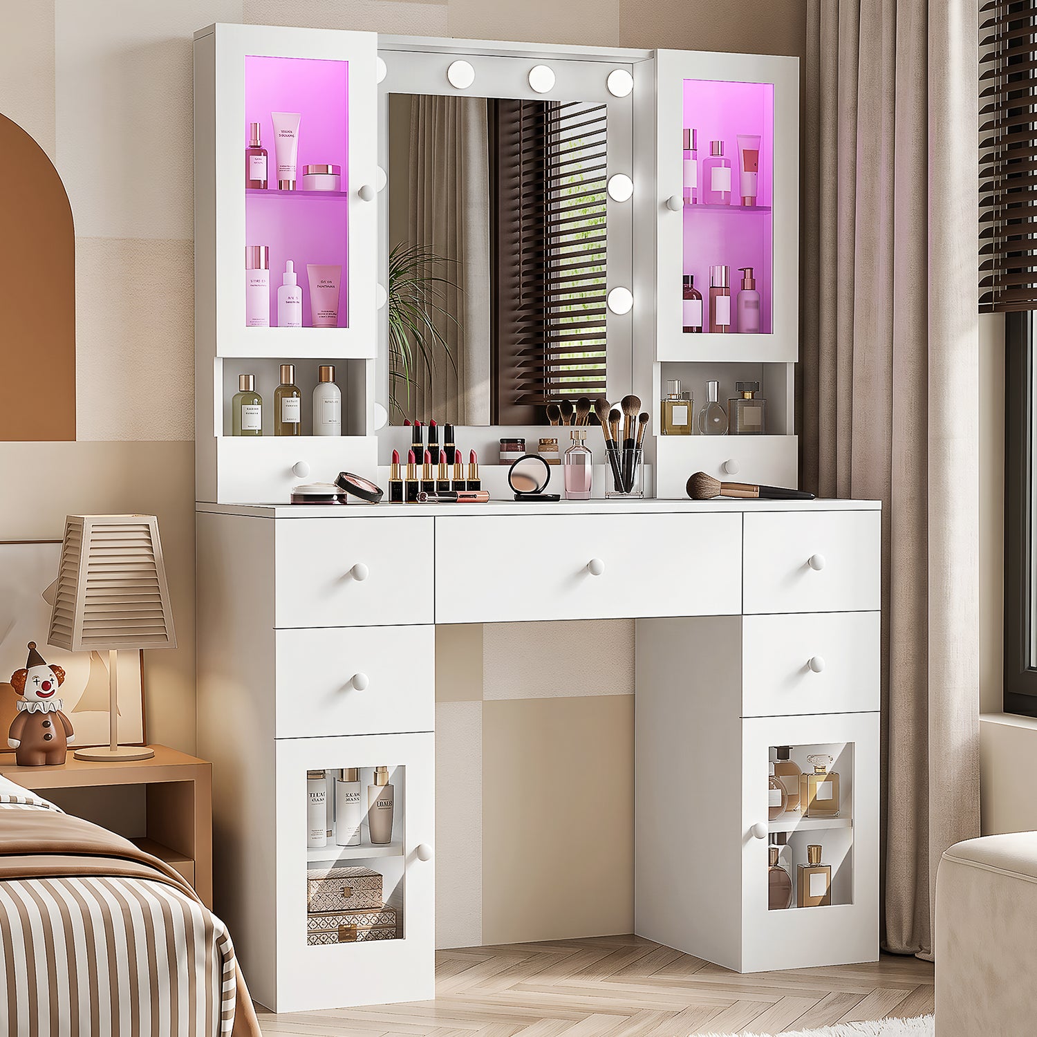 OYAJIA Vanity Dressing Table with Mirror, LED Lights, Charging Station, 7 Drawers and 4 Glass Cabinets