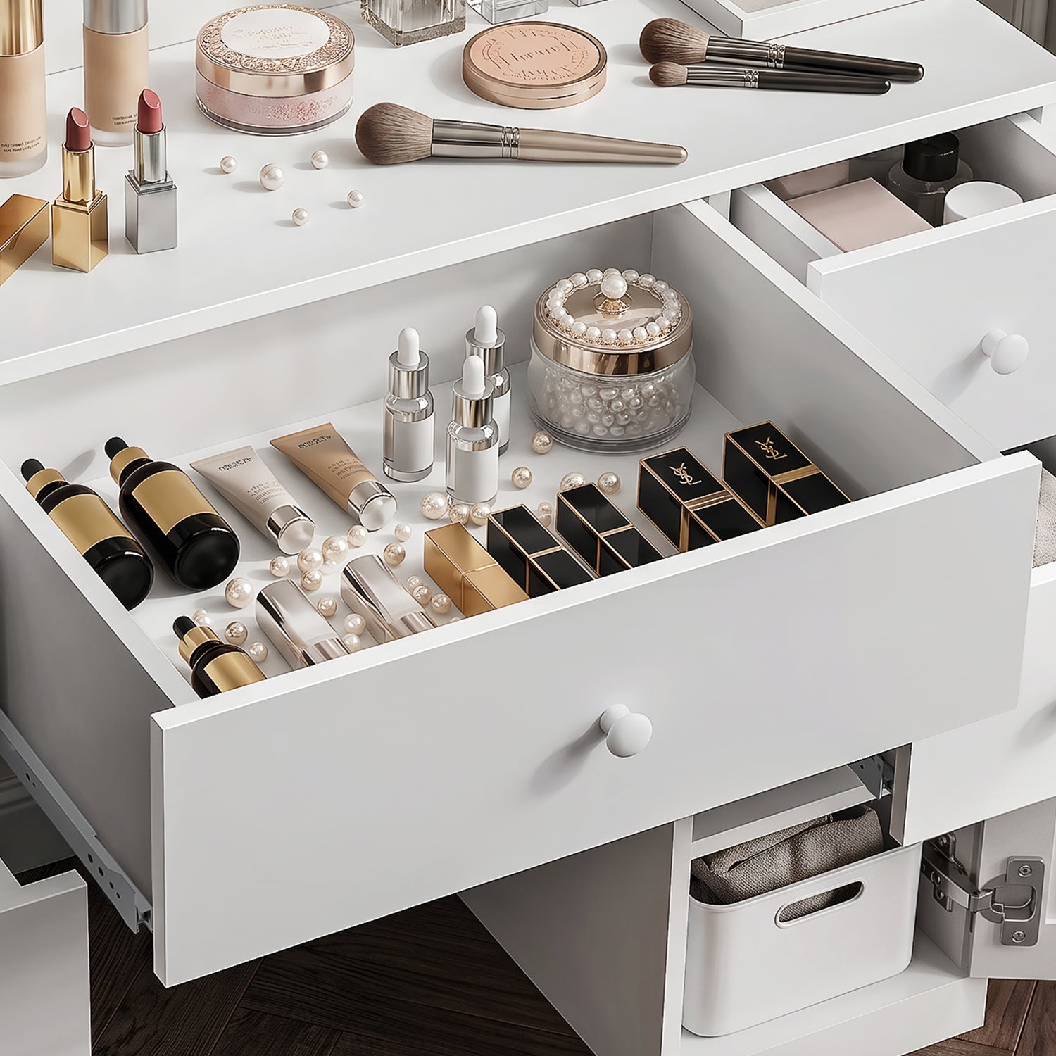 OYAJIA Vanity Dressing Table with Mirror, LED Lights, Charging Station, 7 Drawers and 4 Glass Cabinets